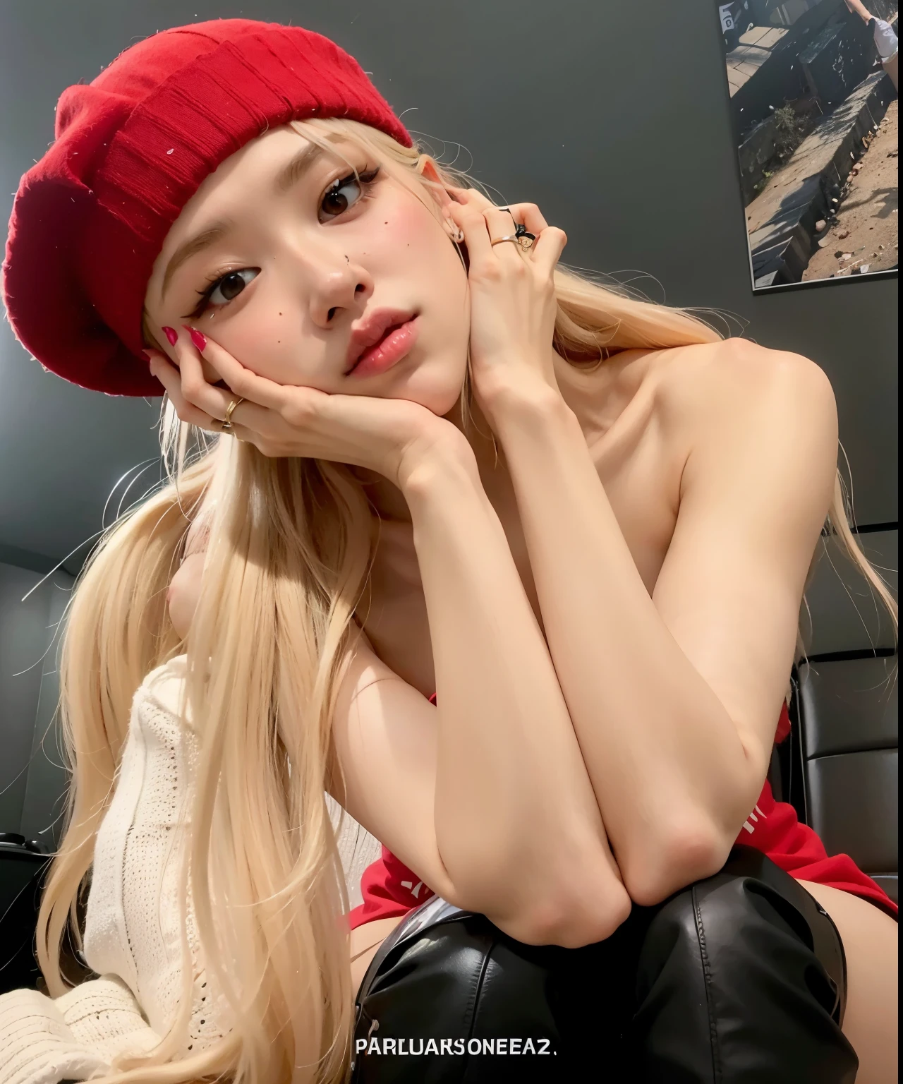 un primer plano de una mujer con un sombrero rojo y pantalones de cuero negro, parque roseanne de blackpink, Lalisa Manobal, Lalisa Manoban de Blackpink, Muchacha coreana, ava max, korean idol, 18 years, portrait of jossi de blackpink, jossi de blackpink, hasta el modelo | germen de arte, sha xi, buena chica joven
