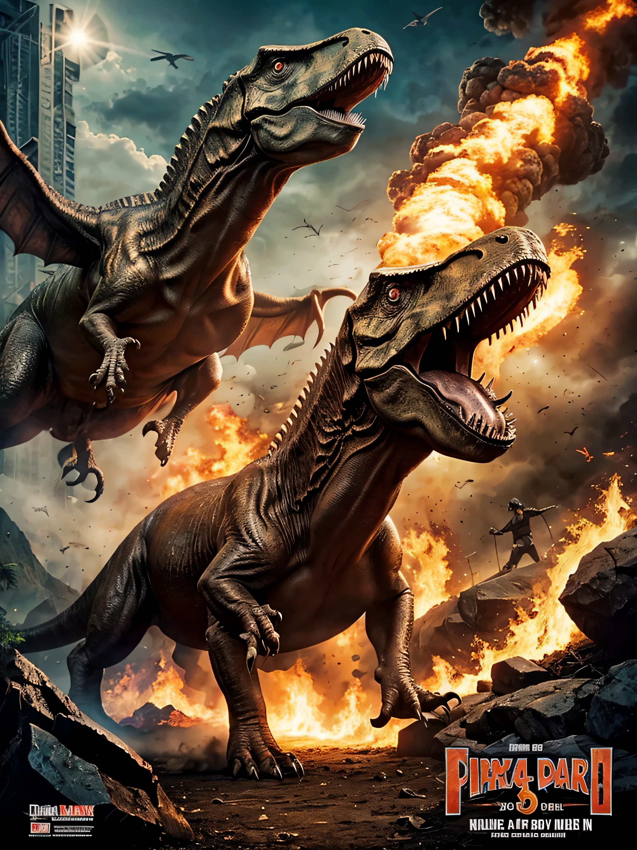 Jurassic Park Poster, arte de Renato Casaro, Luis Royo, anexado a suas garotas correm, action movie poster, belas artes, Alto detalhe, Vista completa, obra de arte. volcano erupting behind. belas artes. Vista completa.