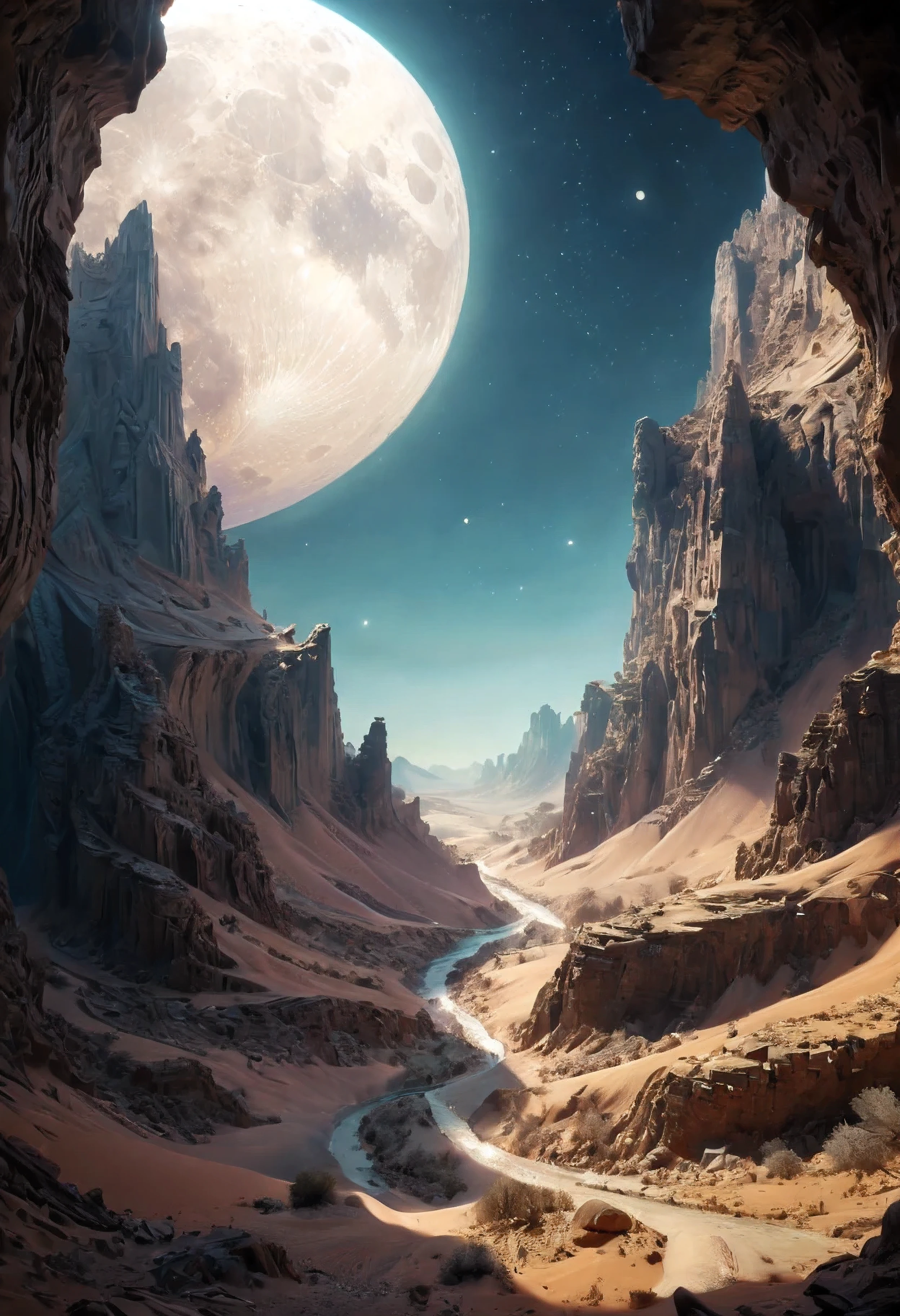 (Masterpiece in maximum 16K resolution), the best quality,(((intricate detail:1.4))), (((extremely insane detail:1.4))),(very detailed CG unity 16k wallpaper quality),(Soft colors 16k highly detailed digital art),Super Detailed. | Stunning reflections, the best reflections ever, (glow), (particle effects), Isometric 3D, Octane Rendering, Ray Traced. | Close up of delicate desert dust in the cold dry canyon, as silver moon rising to the sky, each dust detailed and rendered with a masterful gouache technique,surrounded by mysterious atmosphere of light and shadow art, dust everywhere, great environment, subtly illuminate,fantasy art behance,surreal, its beauty and strength captured,It gives a majestic aura.