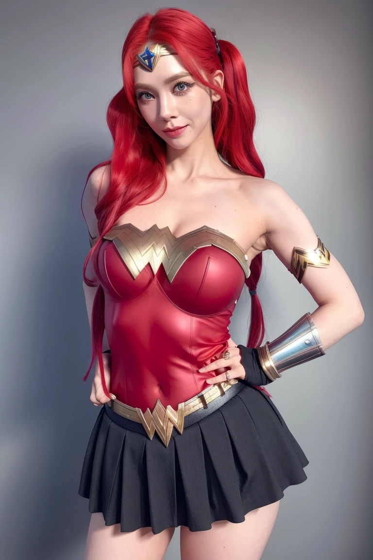 (8k, 4k, best quality, highres, ultra high res:1.1), (masterpiece, realistic, photo-realistic:1.1), 1girl, face, twintails, red hair, black eyes, red lips, absurdly long hair, long eyelashes, eyeshadow, small face, big eyes, looking at camera , wonderwomen , wonderwoman süit , super hero , time center too , cinematic , big breasts , wonder woman shirt , wonder woman buckle , wonder woman skirt ,