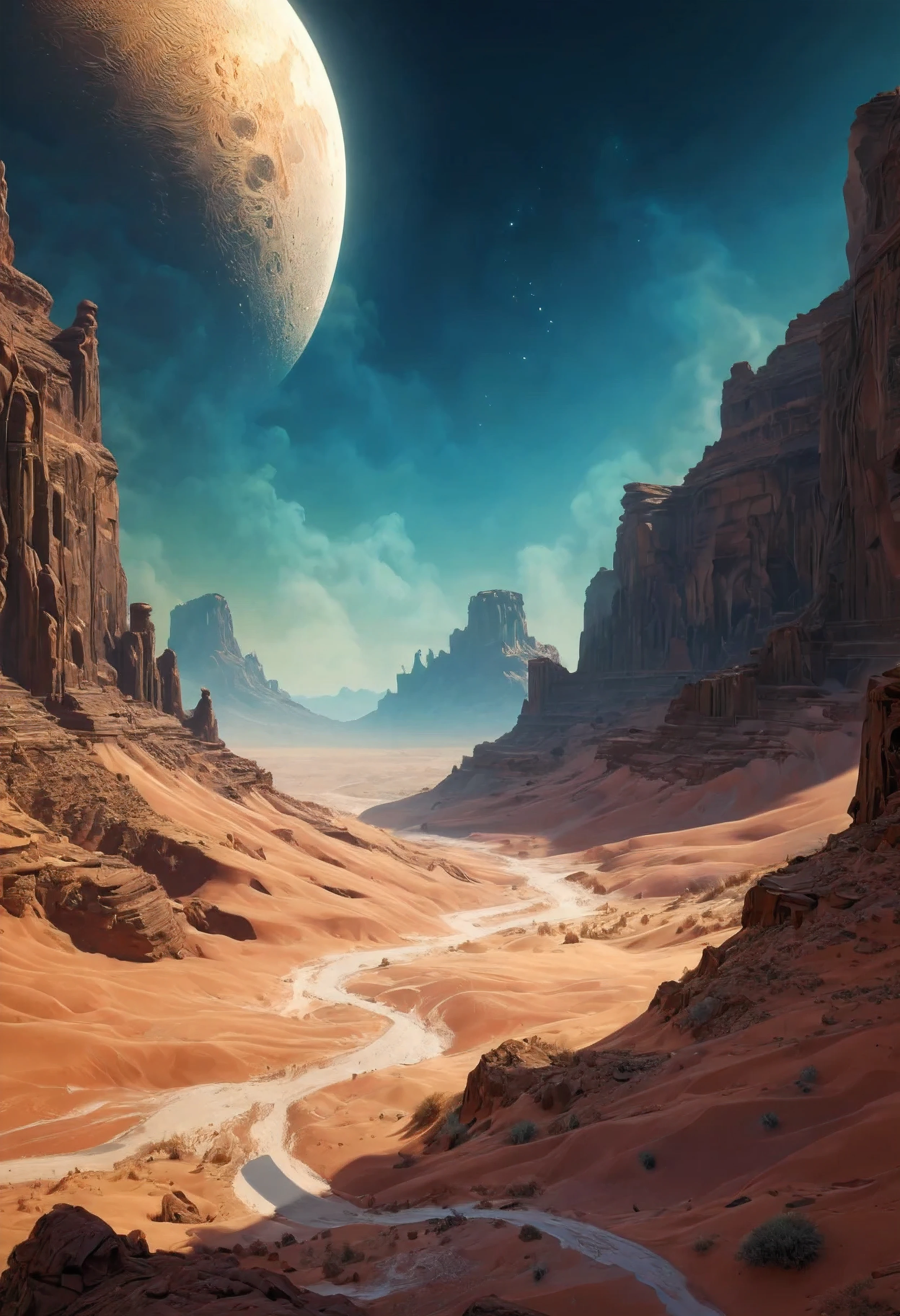(Masterpiece in maximum 16K resolution), the best quality,(((intricate detail:1.4))), (((extremely insane detail:1.4))),(very detailed CG unity 16k wallpaper quality),(Soft colors 16k highly detailed digital art),Super Detailed. | Stunning reflections, the best reflections ever, (glow), (particle effects), Isometric 3D, Octane Rendering, Ray Traced. | Close up of delicate desert dust in the cold dry canyon, as silver moon rising to the sky, each dust detailed and rendered with a masterful gouache technique,surrounded by mysterious atmosphere of light and shadow art, dust everywhere, great environment, subtly illuminate,fantasy art behance,surreal, its beauty and strength captured,It gives a majestic aura.