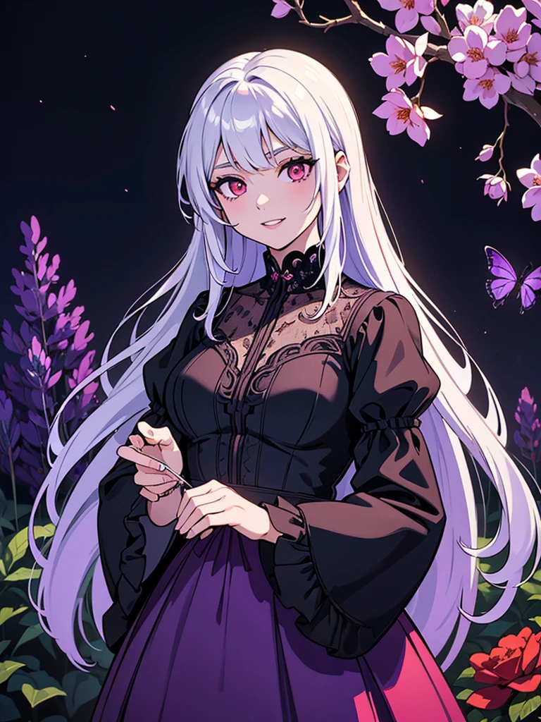 (bright, vibrant) A girl in a garden, (oil painting) with lush greenery and colorful flowers, (mysterious, alluring) exuding an aura of enchantment and intrigue. The girl has (pale, porcelain) skin, perfect porcelain skin, (long, flowing) (raven, black) hair, and (deep, penetrating) (crimson, red) eyes that glow like rubies. She wears a (elegant, flowing) dress in (dark, majestic) shades of (purple, violet) and (red, scarlet), with intricate lace details and (delicate, intricate) embroidery. Her lips are (blood-red, seductive), with a hint of a smile that conveys both power and vulnerability. She stands with a confident yet graceful posture, (slightly tilted, revealing) her sharp, (gleaming, pearl-white) fangs. In the background, there is a (full, silver) moon shining through the branches of an ancient tree, casting a (mystical, ethereal) glow over the garden. The scene is bathed in (pale, moonlit) (blue, lavender) hues, creating an atmosphere of both darkness and beauty. The (silvery, soft) light illuminates the girl's face, accentuating her features and giving her an otherworldly appearance. It captures the moment just before the vampire girl takes flight, with her black wings (unfurled, majestic) against the night sky. The overall (high resolution, detailed) quality of the artwork is (captivating, breathtaking), with (subtle, intricate) brushstrokes that bring depth and dimension to the image. The colors are (rich, vibrant), with a mix of (deep, intense) shadows and (bright, bold) highlights, giving the painting a sense of realism and drama. The overall composition is balanced and visually striking, with a focus on the girl as the central figure, surrounded by the beauty and mystery of the garden. The artwork combines elements of fantasy, gothic, and romantic styles, creating a unique and captivating visual experience.