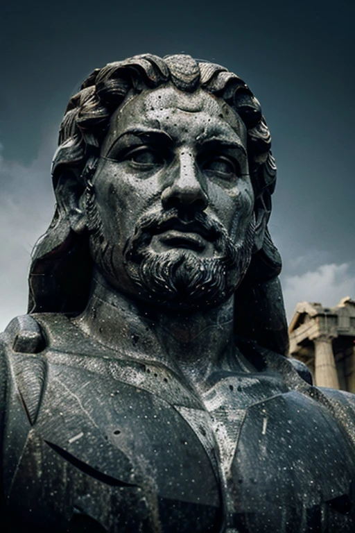 A dark landscape image of an ancient greek society deeply connected to stoicism, black and white, ancient greek architecture, include one single big statue of a stereotypical strong greek man, marcus aurelius