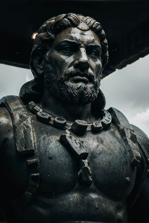 A dark landscape image of an ancient greek society deeply connected to stoicism, black and white, ancient greek architecture, include one single big statue of a stereotypical strong greek man, marcus aurelius