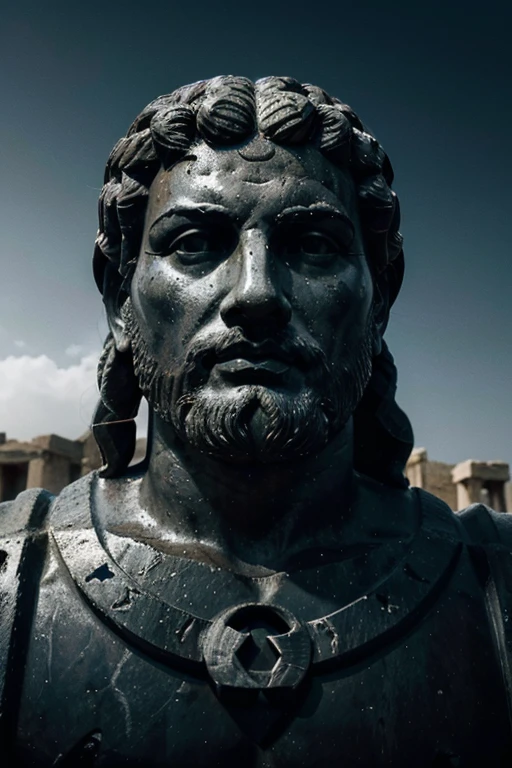 A dark landscape image of an ancient greek society deeply connected to stoicism, black and white, ancient greek architecture, include one single big statue of a stereotypical strong greek man, marcus aurelius