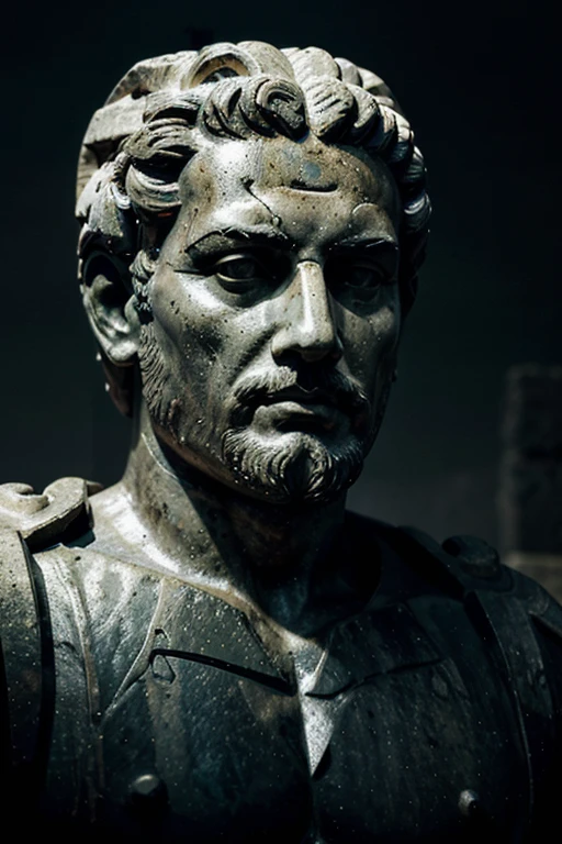 A dark landscape image of an ancient greek society deeply connected to stoicism, black and white, ancient greek architecture, include one single big statue of a stereotypical strong greek man, marcus aurelius
