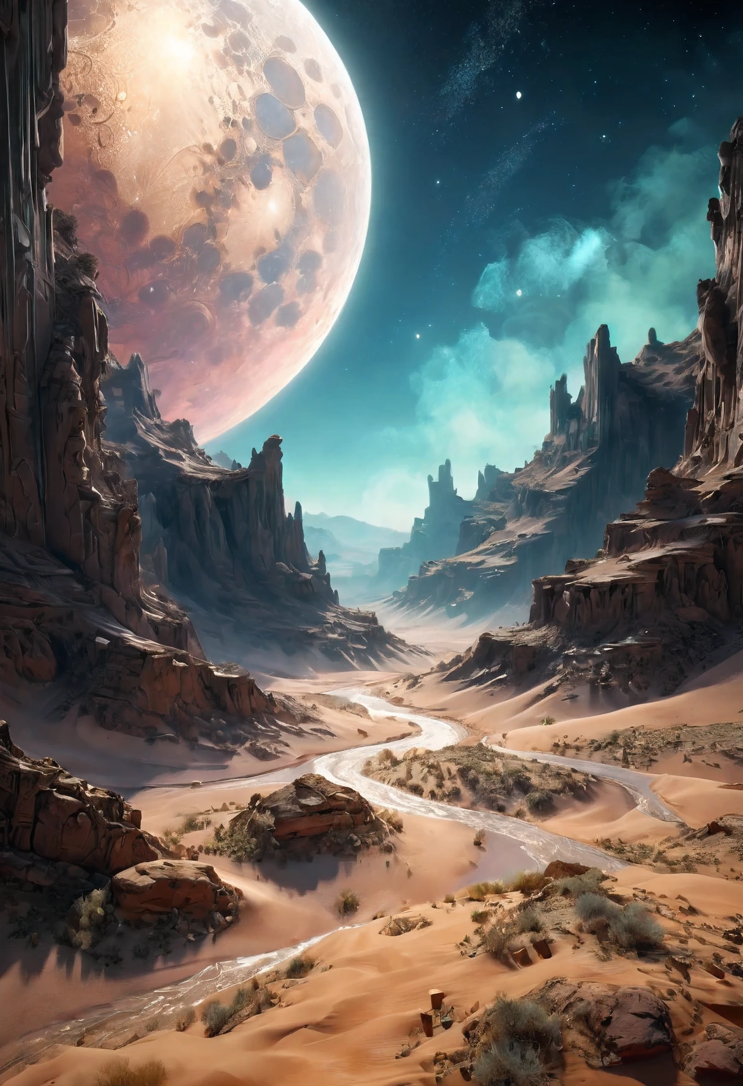 (Masterpiece in maximum 16K resolution), the best quality,(((intricate detail:1.4))), (((extremely insane detail:1.4))),(very detailed CG unity 16k wallpaper quality),(Soft colors 16k highly detailed digital art),Super Detailed. | Stunning reflections, the best reflections ever, (glow), (particle effects), Isometric 3D, Octane Rendering, Ray Traced. | Close up of delicate desert dust in the cold dry canyon, as silver moon rising to the sky, each dust detailed and rendered with a masterful gouache technique,surrounded by mysterious atmosphere of light and shadow art, dust everywhere, great environment, subtly illuminate,fantasy art behance,surreal, its beauty and strength captured,It gives a majestic aura.