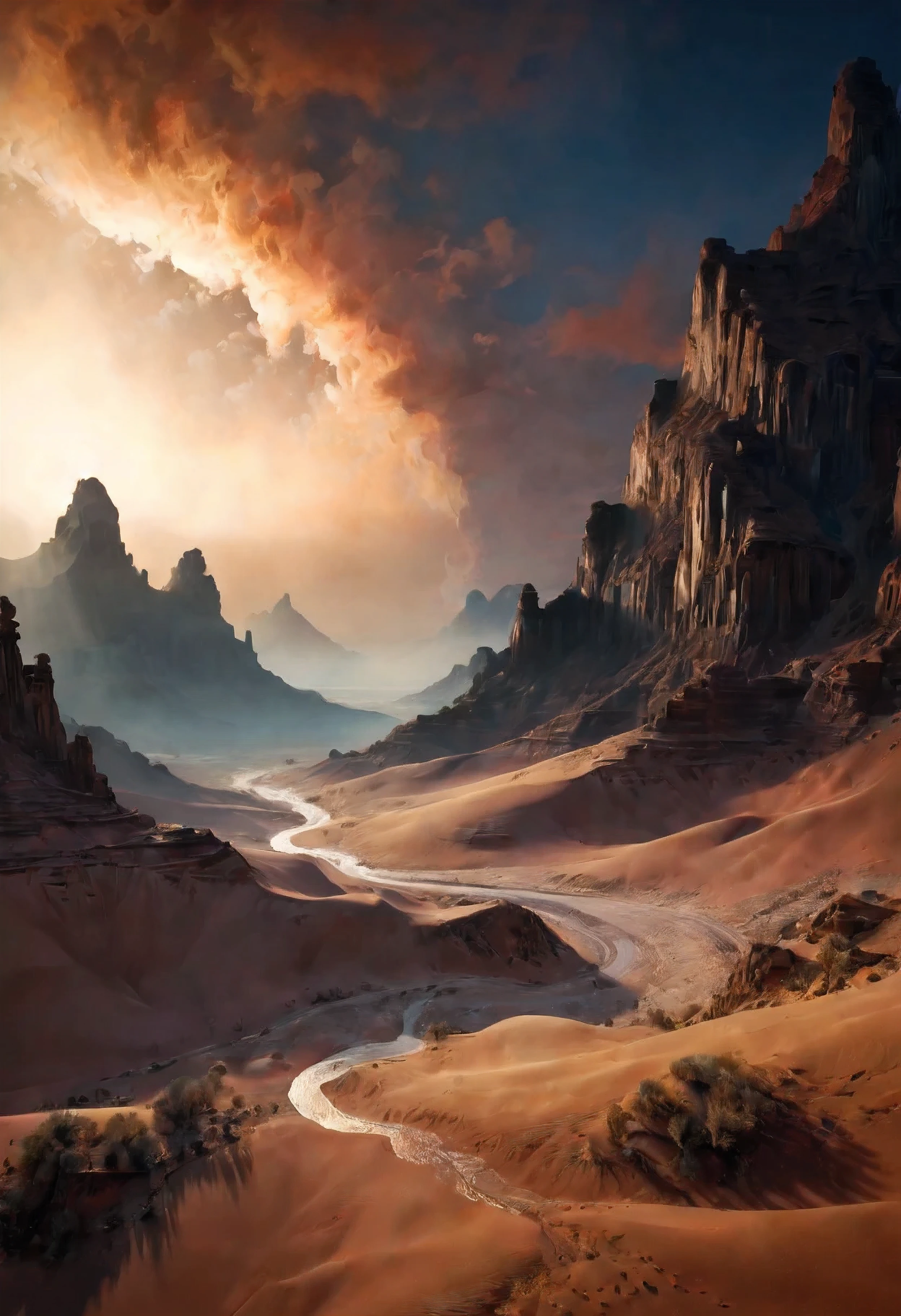 (Masterpiece in maximum 16K resolution), the best quality,(((intricate detail:1.4))), (((extremely insane detail:1.4))),(very detailed CG unity 16k wallpaper quality),(Soft colors 16k highly detailed digital art),Super Detailed. | Stunning reflections, the best reflections ever, (glow), (particle effects), Isometric 3D, Octane Rendering, Ray Traced. |  Close up of delicate desert dust in the cold dry canyon, as silver moon rising to the sky, each dust detailed and rendered with a masterful gouache technique,surrounded by mysterious atmosphere of light and shadow art, dust everywhere, great environment, subtly illuminate,fantasy art behance,surreal, its beauty and strength captured,It gives a majestic aura.