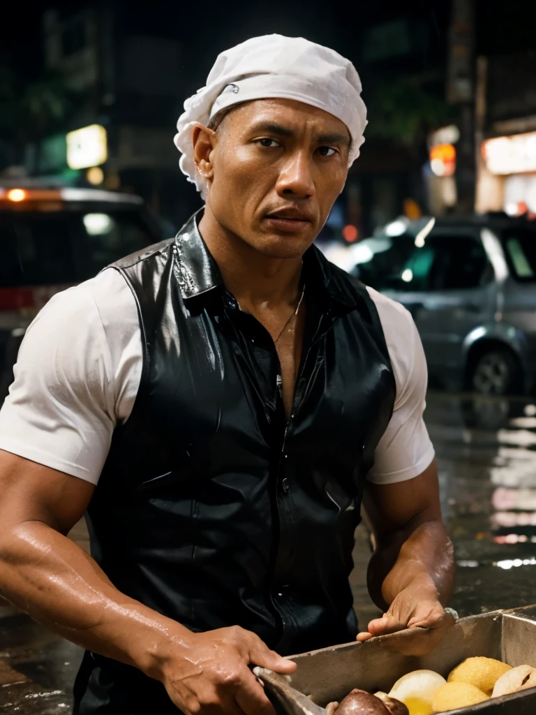 The rock as street vendor in south east asian country, wet, rain