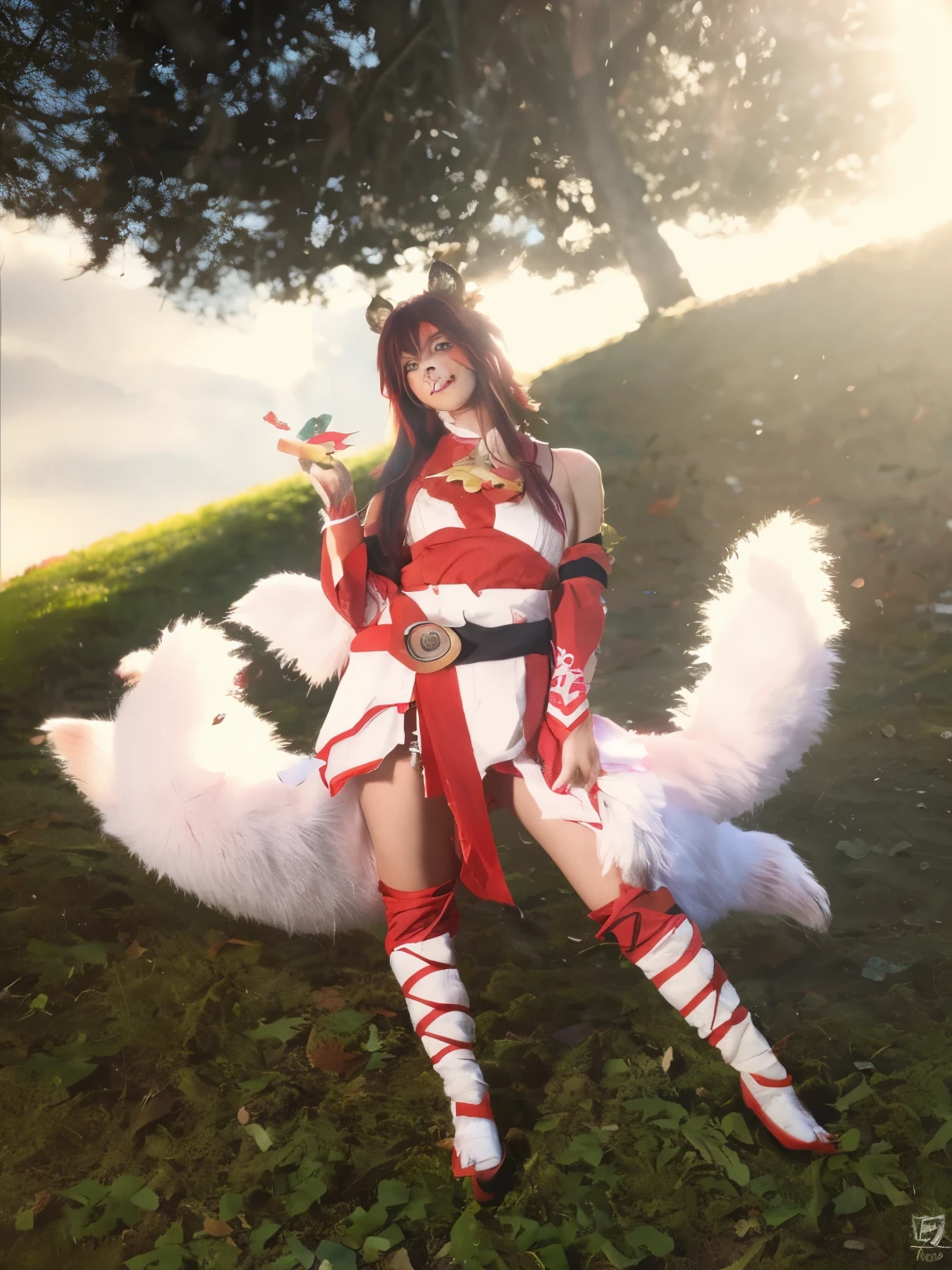 araffe dressed in a red and white outfit posing for a picture, ahri from league of legends, kitsune inspired armor, ahri, fox nobushi, kitsune, portrait of ahri, irelia from league of legends, anime , samira from league of legends, kitsune holding torch, kitsune three - tailed fox,  photo