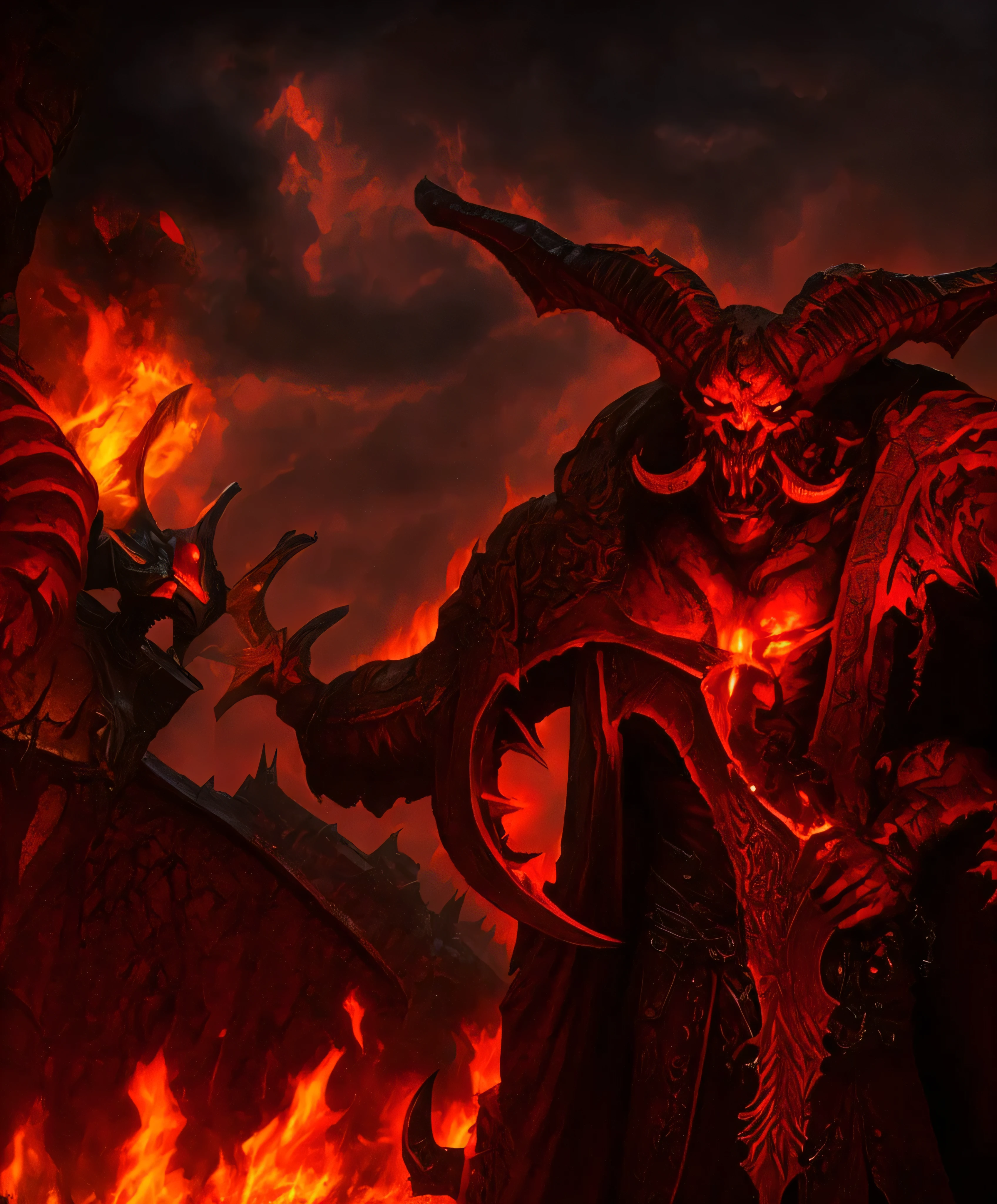 a close up of a demonic demon holding a knife in front of a castle, khorne, diablo concept art, red horns, diablo 4, demon lord, from doom and warhammer, epic masterpiece torment, demon berserker, action rpg video game, fit male demon with white horns, from vermintide 2 video game, diablo digital concept art, demon horn