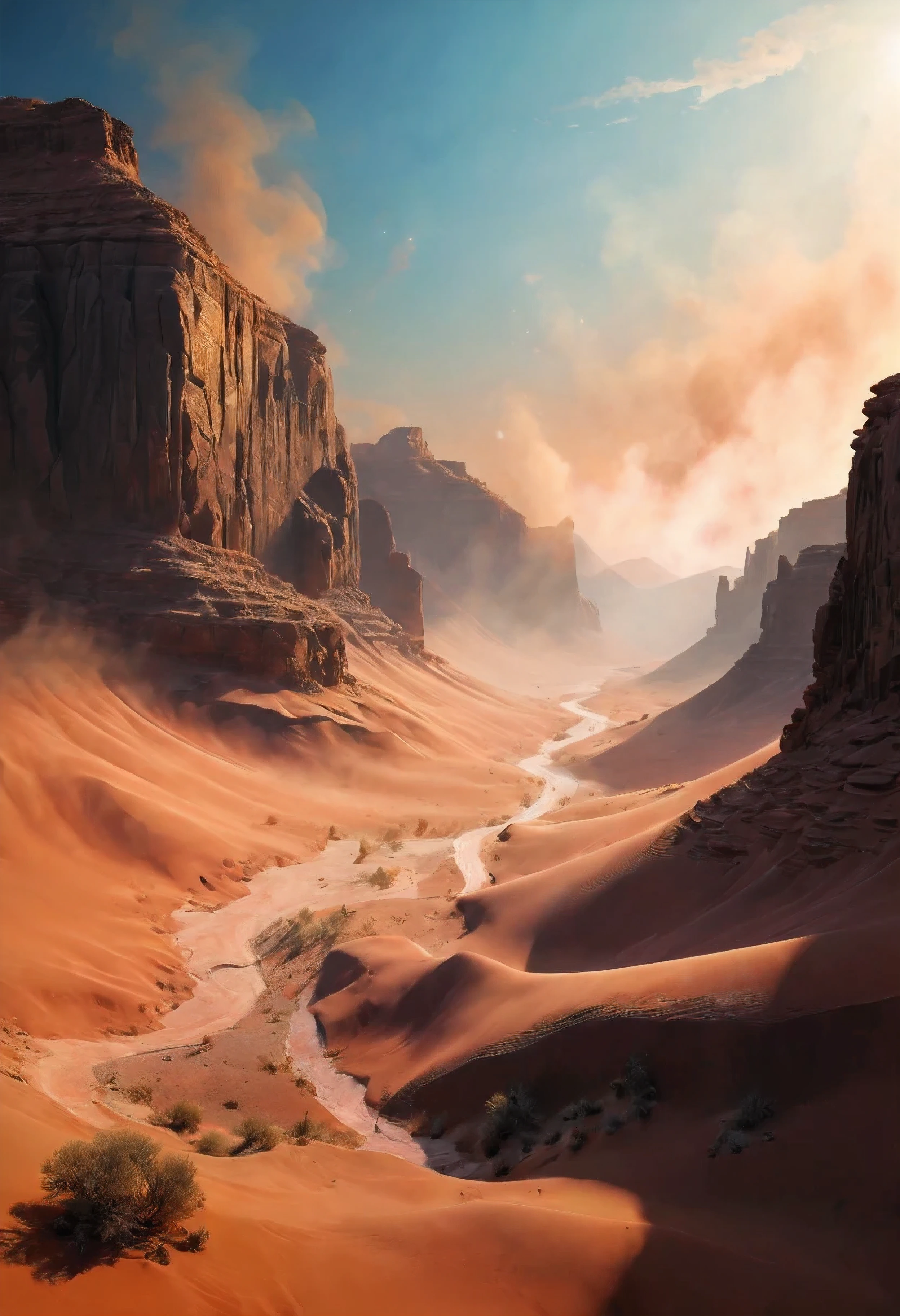 (Masterpiece in maximum 16K resolution), the best quality,(((intricate detail:1.4))), (((extremely insane detail:1.4))),(very detailed CG unity 16k wallpaper quality),(Soft colors 16k highly detailed digital art),Super Detailed. | Stunning reflections, the best reflections ever, (glow), (particle effects), Isometric 3D, Octane Rendering, Ray Traced. | Close up of delicate desert dust in the cold dry canyon, as delicate desert dust floating around, each dust detailed and rendered with a masterful gouache technique,surrounded by mysterious atmosphere of light and shadow art, dust everywhere, great environment, subtly illuminate,fantasy art behance,surreal, its beauty and strength captured,It gives a majestic aura.