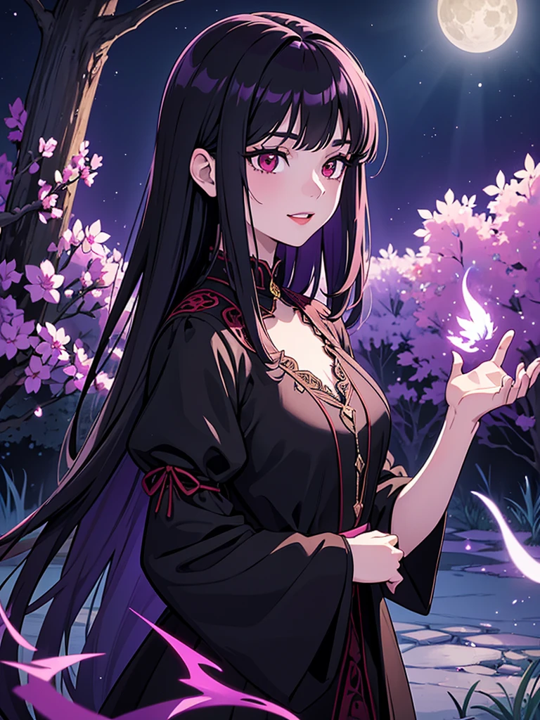 (bright, vibrant) A girl in a garden, (oil painting) with lush greenery and colorful flowers, (mysterious, alluring) exuding an aura of enchantment and intrigue. The girl has (pale, porcelain) skin, perfect porcelain skin, (long, flowing) (raven, black) hair, and (deep, penetrating) (crimson, red) eyes that glow like rubies. She wears a (elegant, flowing) dress in (dark, majestic) shades of (purple, violet) and (red, scarlet), with intricate lace details and (delicate, intricate) embroidery. Her lips are (blood-red, seductive), with a hint of a smile that conveys both power and vulnerability. She stands with a confident yet graceful posture, (slightly tilted, revealing) her sharp, (gleaming, pearl-white) fangs. In the background, there is a (full, silver) moon shining through the branches of an ancient tree, casting a (mystical, ethereal) glow over the garden. The scene is bathed in (pale, moonlit) (blue, lavender) hues, creating an atmosphere of both darkness and beauty. The (silvery, soft) light illuminates the girl's face, accentuating her features and giving her an otherworldly appearance. It captures the moment just before the vampire girl takes flight, with her black wings (unfurled, majestic) against the night sky. The overall (high resolution, detailed) quality of the artwork is (captivating, breathtaking), with (subtle, intricate) brushstrokes that bring depth and dimension to the image. The colors are (rich, vibrant), with a mix of (deep, intense) shadows and (bright, bold) highlights, giving the painting a sense of realism and drama. The overall composition is balanced and visually striking, with a focus on the girl as the central figure, surrounded by the beauty and mystery of the garden. The artwork combines elements of fantasy, gothic, and romantic styles, creating a unique and captivating visual experience.
