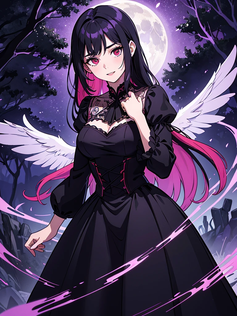 (bright, vibrant) A girl in a garden, (oil painting) with lush greenery and colorful flowers, (mysterious, alluring) exuding an aura of enchantment and intrigue. The girl has (pale, porcelain) skin, perfect porcelain skin, (long, flowing) (raven, black) hair, and (deep, penetrating) (crimson, red) eyes that glow like rubies. She wears a (elegant, flowing) dress in (dark, majestic) shades of (purple, violet) and (red, scarlet), with intricate lace details and (delicate, intricate) embroidery. Her lips are (blood-red, seductive), with a hint of a smile that conveys both power and vulnerability. She stands with a confident yet graceful posture, (slightly tilted, revealing) her sharp, (gleaming, pearl-white) fangs. In the background, there is a (full, silver) moon shining through the branches of an ancient tree, casting a (mystical, ethereal) glow over the garden. The scene is bathed in (pale, moonlit) (blue, lavender) hues, creating an atmosphere of both darkness and beauty. The (silvery, soft) light illuminates the girl's face, accentuating her features and giving her an otherworldly appearance. It captures the moment just before the vampire girl takes flight, with her black wings (unfurled, majestic) against the night sky. The overall (high resolution, detailed) quality of the artwork is (captivating, breathtaking), with (subtle, intricate) brushstrokes that bring depth and dimension to the image. The colors are (rich, vibrant), with a mix of (deep, intense) shadows and (bright, bold) highlights, giving the painting a sense of realism and drama. The overall composition is balanced and visually striking, with a focus on the girl as the central figure, surrounded by the beauty and mystery of the garden. The artwork combines elements of fantasy, gothic, and romantic styles, creating a unique and captivating visual experience.