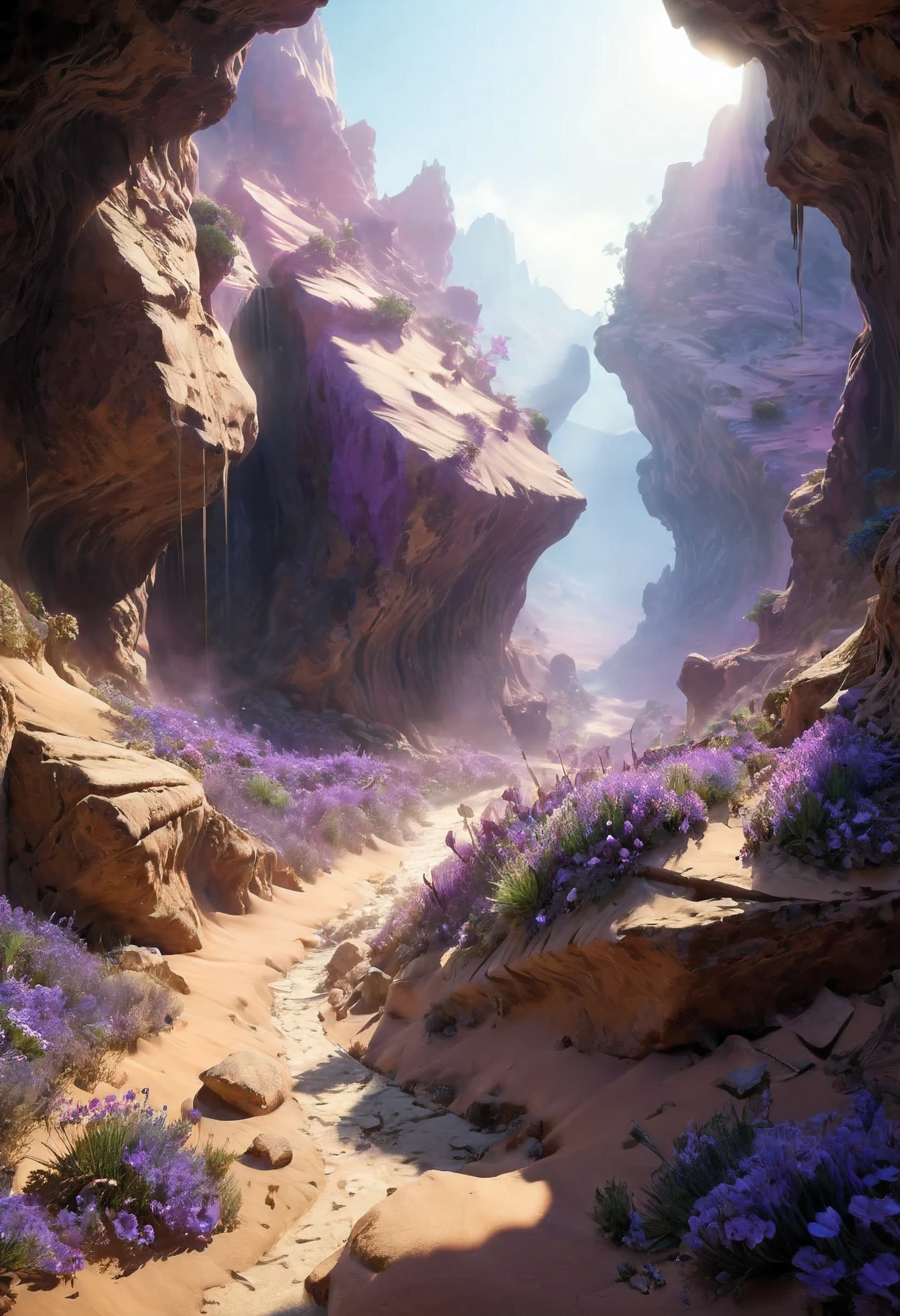 (Masterpiece in maximum 16K resolution), the best quality,(((intricate detail:1.4))), (((extremely insane detail:1.4))),(very detailed CG unity 16k wallpaper quality),(Soft colors 16k highly detailed digital art),Super Detailed. | Stunning reflections, the best reflections ever, (glow), (particle effects), Isometric 3D, Octane Rendering, Ray Traced. | Close up of delicate desert dust in the cold dry canyon, as patches of purple flowers blooming, each flower detailed and rendered with a masterful gouache technique,surrounded by mysterious atmosphere of light and shadow art, dust everywhere, great environment, subtly illuminate,fantasy art behance,surreal, its beauty and strength captured,It gives a majestic aura.