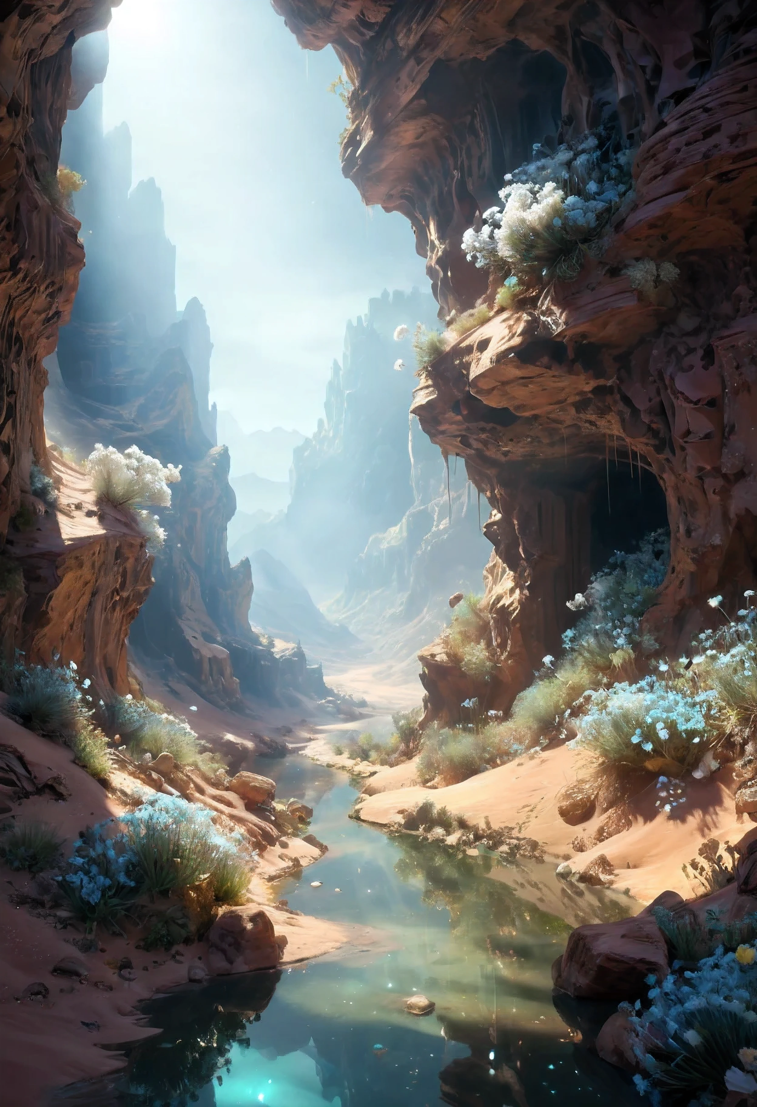 (Masterpiece in maximum 16K resolution), the best quality,(((intricate detail:1.4))), (((extremely insane detail:1.4))),(very detailed CG unity 16k wallpaper quality),(Soft colors 16k highly detailed digital art),Super Detailed. | Stunning reflections, the best reflections ever, (glow), (particle effects), Isometric 3D, Octane Rendering, Ray Traced. | Close up of delicate desert dust in the cold dry canyon, as patches of silver flowers blooming, each flower detailed and rendered with a masterful gouache technique,surrounded by mysterious atmosphere of light and shadow art, dust everywhere, great environment, subtly illuminate,fantasy art behance,surreal, its beauty and strength captured,It gives a majestic aura.