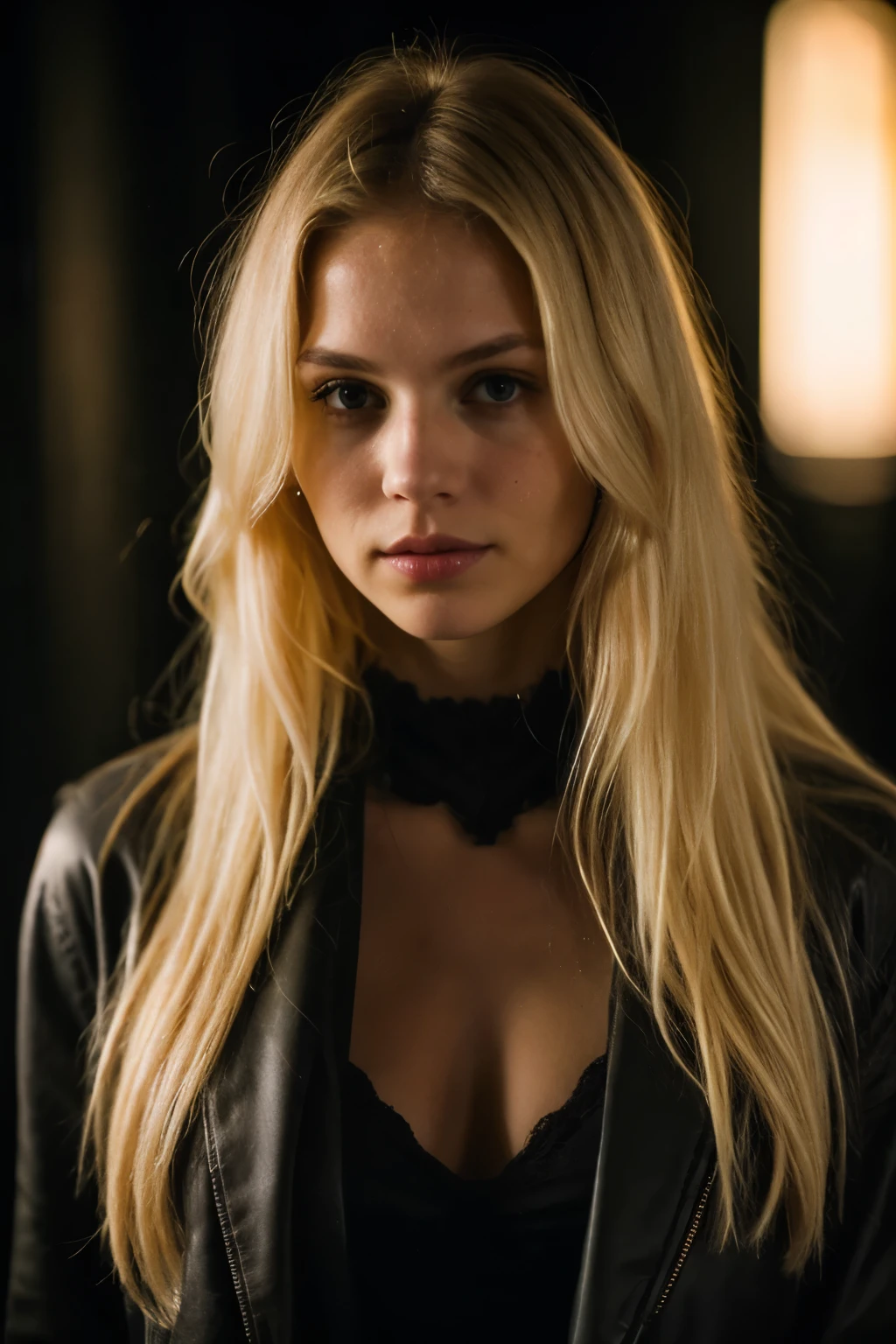 Best quality, masterpiece, ultra high res, (photorealistic:1.4), raw photo, 1girl, blonde hair, blue eyes, detailed eyes and face, black suit, dynamic lighting, in the dark, deep shadow, low key, cowboy shot full-lenght body