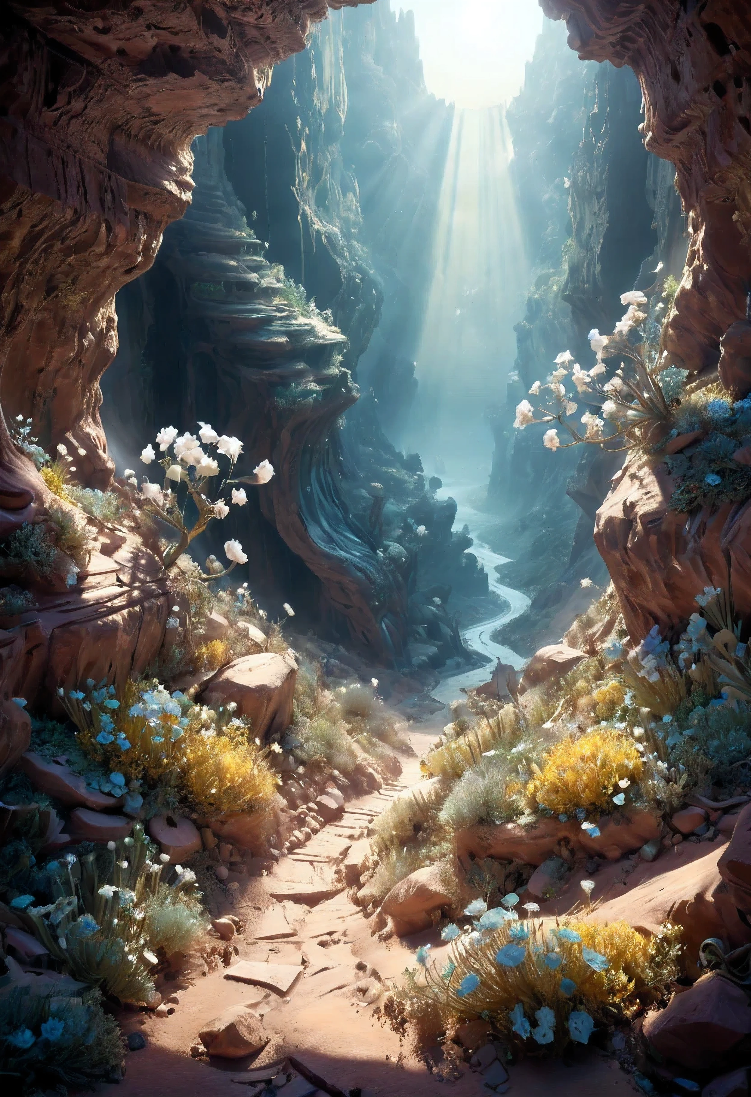 (Masterpiece in maximum 16K resolution), the best quality,(((intricate detail:1.4))), (((extremely insane detail:1.4))),(very detailed CG unity 16k wallpaper quality),(Soft colors 16k highly detailed digital art),Super Detailed. | Stunning reflections, the best reflections ever, (glow), (particle effects), Isometric 3D, Octane Rendering, Ray Traced. | Close up of delicate desert dust in the cold dry canyon, as patches of silver flowers blooming, each flower detailed and rendered with a masterful gouache technique,surrounded by mysterious atmosphere of light and shadow art, dust everywhere, great environment, subtly illuminate,fantasy art behance,surreal, its beauty and strength captured,It gives a majestic aura.