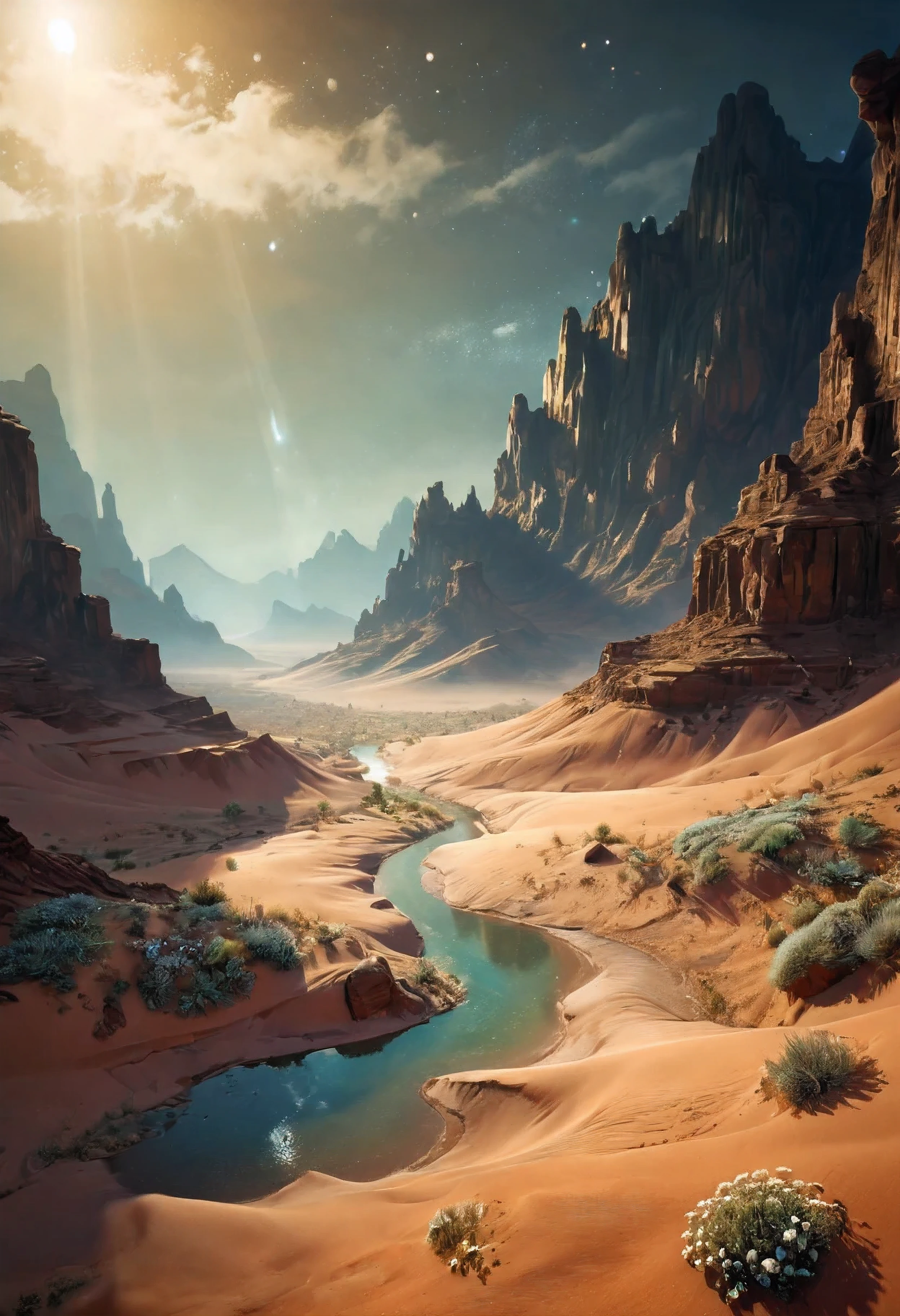 (Masterpiece in maximum 16K resolution), the best quality,(((intricate detail:1.4))), (((extremely insane detail:1.4))),(very detailed CG unity 16k wallpaper quality),(Soft colors 16k highly detailed digital art),Super Detailed. | Stunning reflections, the best reflections ever, (glow), (particle effects), Isometric 3D, Octane Rendering, Ray Traced. | Close up of delicate desert dust in the cold dry canyon, as patches of silver flowers blooming, each flower detailed and rendered with a masterful gouache technique,surrounded by mysterious atmosphere of light and shadow art, dust everywhere, great environment, subtly illuminate,fantasy art behance,surreal, its beauty and strength captured,It gives a majestic aura.