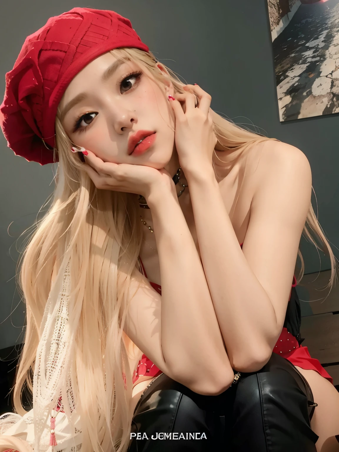 un primer plano de una mujer con un sombrero rojo y pantalones de cuero negro, parque roseanne de blackpink, Lalisa Manobal, Lalisa Manoban de Blackpink, Muchacha coreana, ava max, korean idol, 18 years, portrait of jossi de blackpink, jossi de blackpink, hasta el modelo | germen de arte, sha xi, buena chica joven