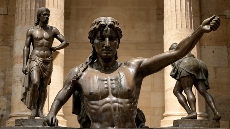 ((Un travail de qualité)), les lignes sont claires et concises, 3 images sur lesquelles apparaissent une statue grecque ancienne avec un homme grecque typique le tout sur le thème du stoicisme. la statue doit remplir l'image