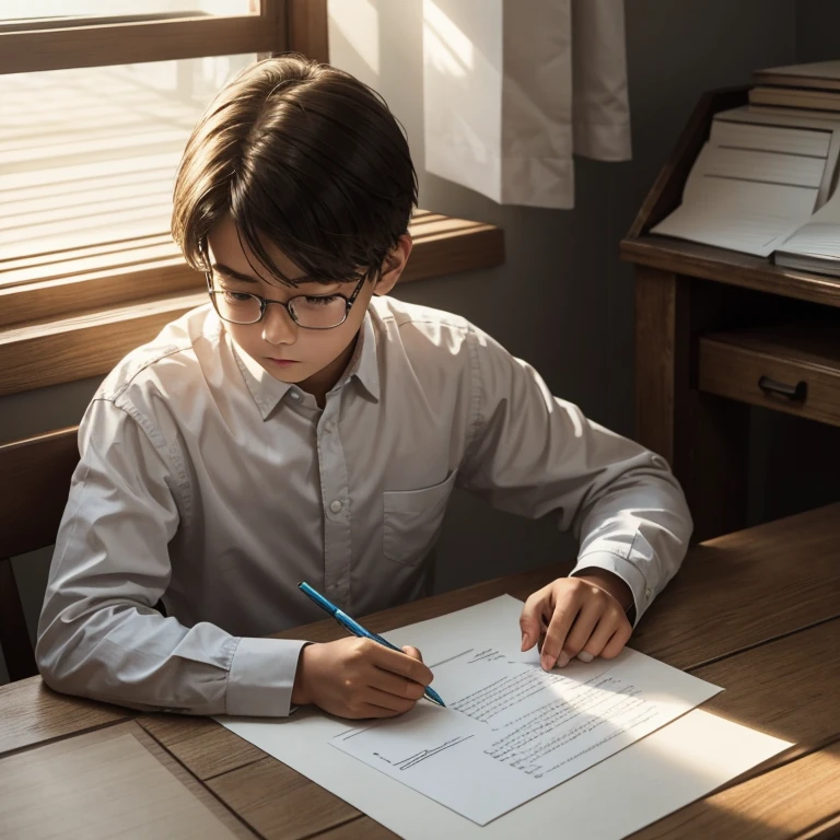 A focused boy sits at a wooden desk, pencil in hand, diligently writing the letter A on a sheet of paper illuminated by warm sunlight filtering through a nearby window.