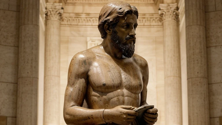 ((Un travail de qualité)), les lignes sont claires et concises, 3 images sur lesquelles apparaissent une statue grecque ancienne avec un homme grecque typique le tout sur le thème du stoicisme. sur laquelle apparaît marc aurèle