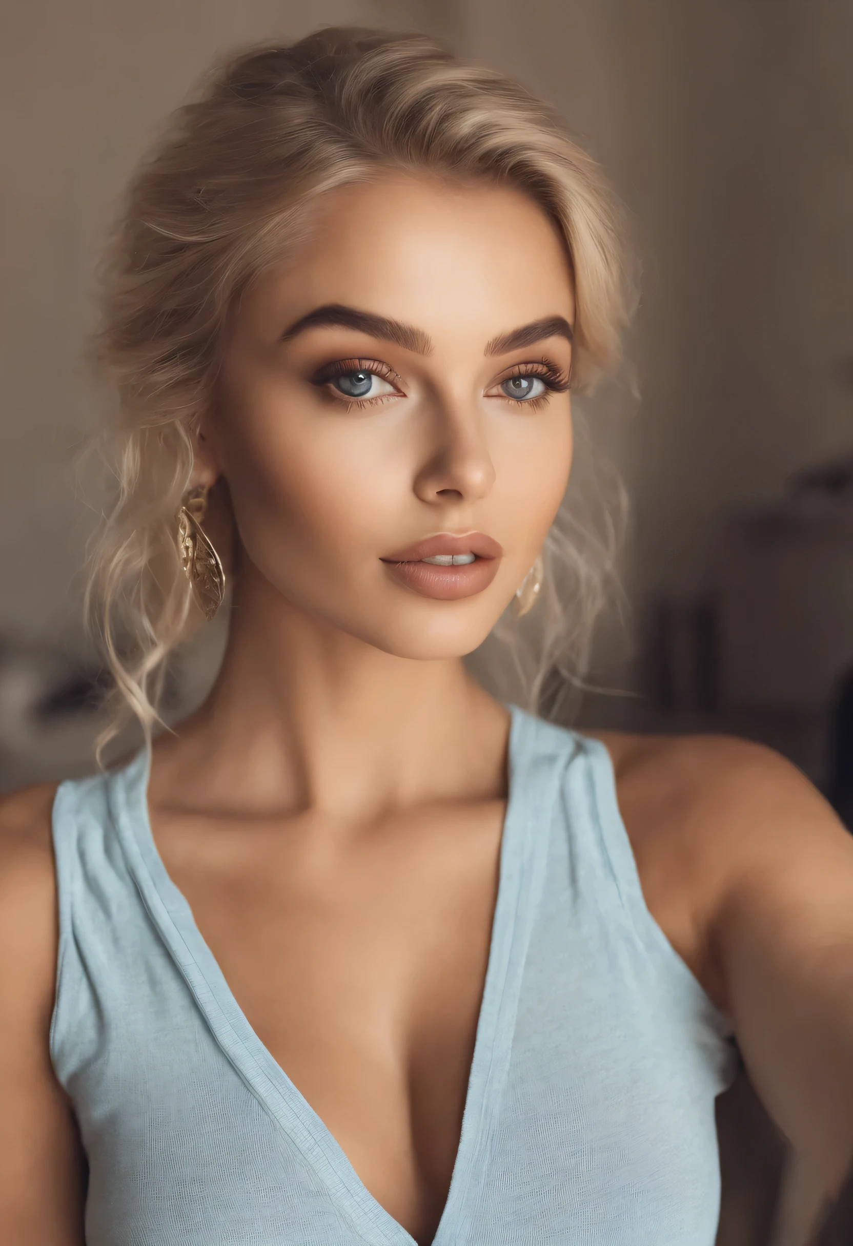 oman with matching tank top and panties, fille sexy aux yeux bleus, Portrait Sophie Mudd, Portrait de Corinna Kopf, cheveux blonds et grands yeux, selfie of a young woman, ohne Maquillage, maquillage naturel, Look directly into the camera, Visage avec Artgram, dezentes Maquillage, Superbe photo du corps entier, dans la chambre, gros seins, Blonde, Latin