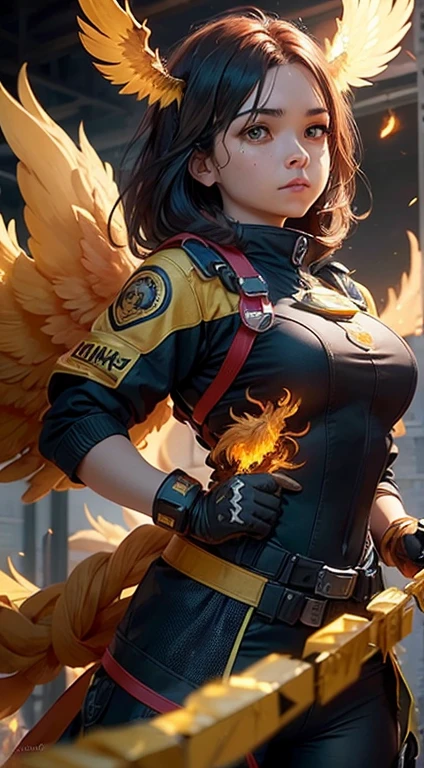 (upper body:1.3), 1 girl,Phoenix Guardian, Golden Phoenix Badge Fire Resistant Suit, Fire cage with obsidian strips, A phoenix nest with glittering golden feathers, Claw gloves for handling phoenix, Feed the fiery rubies of the phoenix,