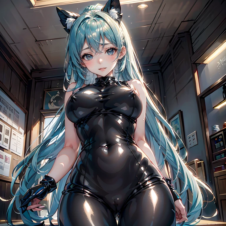 Retrato en primer plano solitario, bulma 1.4, Obra maestra, Calidad superior, 16K UHD, session, chica sola, Solo, lindo, warm smile, rubor, avergonzado, cabello aqua, corsey latex, Dedo de camello, orejas de coneja, medias azules, (Disfraz de conejita negro latex:1.4),(escote large_breasts, vestido como conejita latex negro, medias azules), de pie, vista frontal, (piel alta y detallada: 1.2)(pupilas realistas, iris realista: 1), 8K, aqua_hair