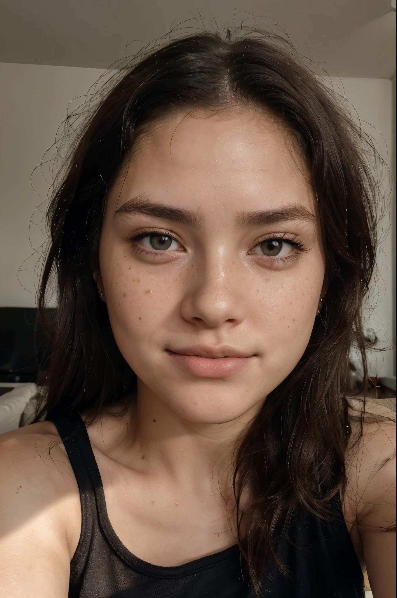 (amateur 1.2), amateur camera selfie of 19 years old chinase female, black hair, Low exposure, low lighting, unprofessional natural lighting, realistic lighting, dark light, low light, chinase female with very low freckles on her face and black eyes with hyperrealistic eye lashes, hyper realistic skin all over her, beautiful face, detailed face, image noise, low visible impurities, very low slight freckles, detailed skin texture, low detailed skin pores, low impurities on the face, details eyes, eyebrow details showing each individual hair, very minimal and slight redness and imperfections around eye lids, low quality lighting, no light on, selfie, black tank top, huge tits, slightly smiling looking sexy, realistic skin, medium messy hair, white skin chinase female, medium hair, neutral face, low freckles, normal black eyes, little spots, little acne, wearing black t-shirt, inside modern living room, 2 feet from camera
