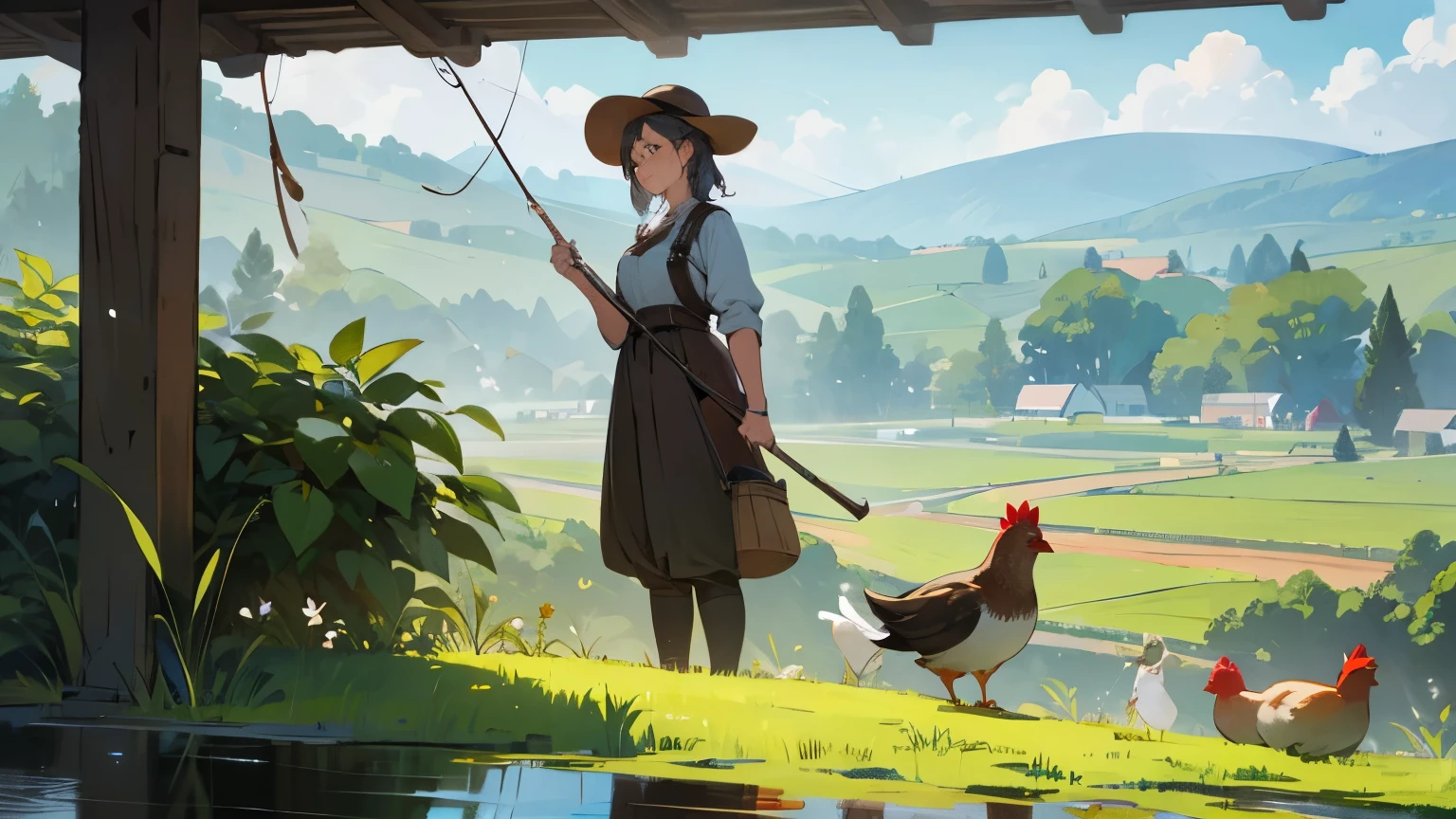 two characters, one woman character and one man character, both characters are farmers, beautiful wilderness background, characters are farming in the picture, detailed characters, detailed background, vivid colors,ultra-detailed,masterpiece:1.2,highres, visually stunning piece, other character is fishing, there is water near, there are chickens and other animals around, both characters are happy, beautiful perspective
