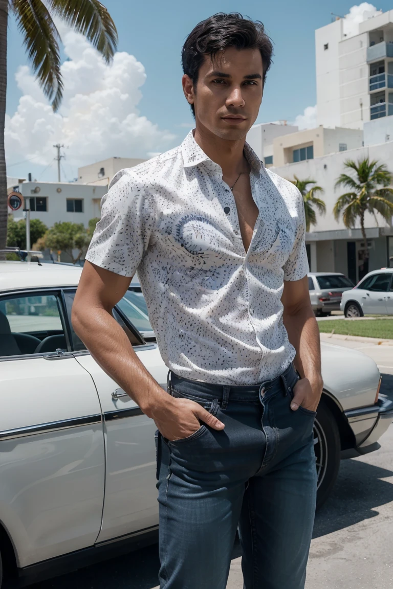 1man, Solo, One man about 25 years old, black short stylish hair, Hazel eyes, summer patterned shirt with short sleeves, jeans trousers, standing,Miami photography, mature man, slim body, RAW Photography, 8k, , Masterpiece, Full Body Shooting, Top Quality, Fine Pore, Realistic, Photorealistic, Ultra Detailed