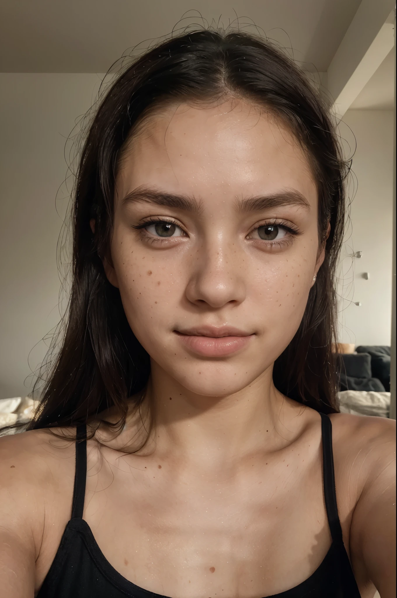 (amateur 1.2), amateur camera selfie of 19 years old chinase female, black hair, Low exposure, low lighting, unprofessional natural lighting, realistic lighting, dark light, low light, chinase female with very low freckles on her face and black eyes with hyperrealistic eye lashes, hyper realistic skin all over her, beautiful face, detailed face, image noise, low visible impurities, very low slight freckles, detailed skin texture, low detailed skin pores, low impurities on the face, details eyes, eyebrow details showing each individual hair, very minimal and slight redness and imperfections around eye lids, low quality lighting, no light on, selfie, black tank top, huge tits, slightly smiling looking sexy, realistic skin, medium messy hair, white skin chinase female, medium hair, neutral face, low freckles, normal black eyes, little spots, little acne, wearing black t-shirt, inside modern living room, 2 feet from camera
