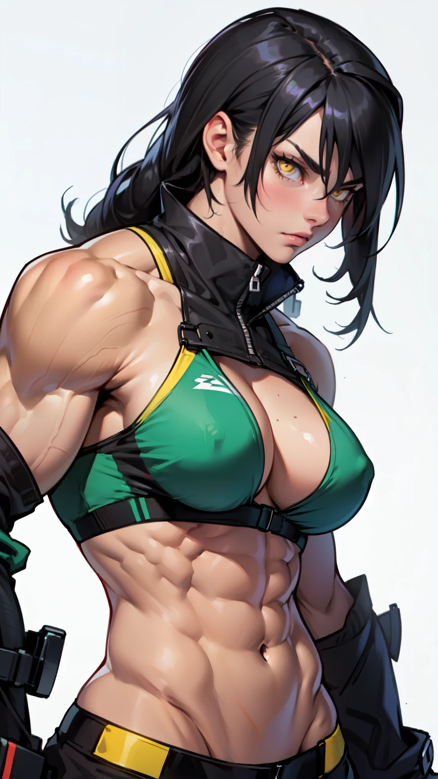 (((muscular girl toned body large breasts thick perfect anatomy))) yellow eyes black hair pale best quality