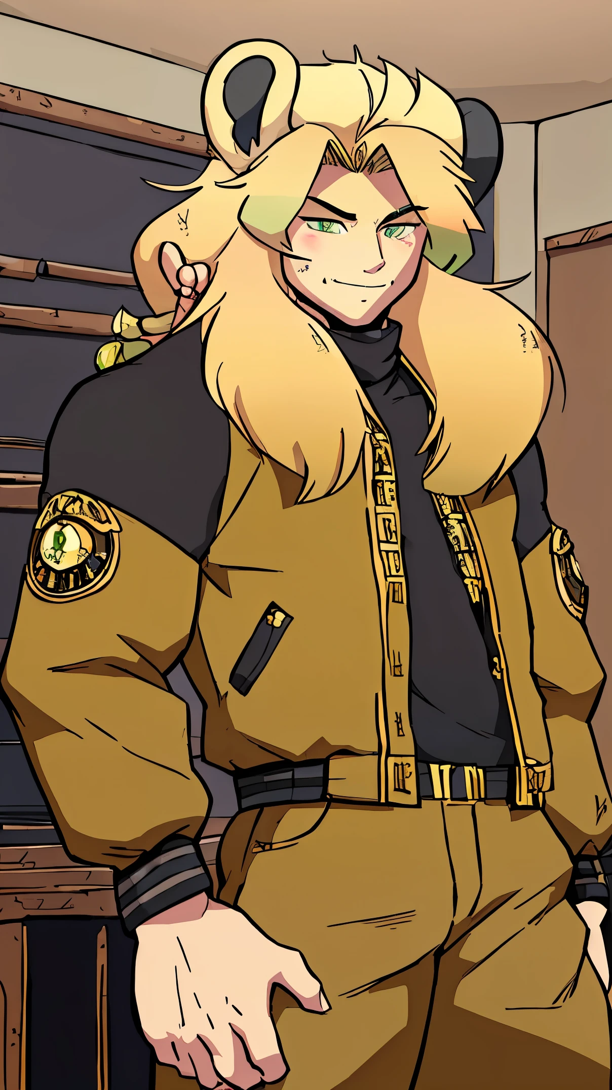 One male, lion ears, long hair, blond, blond hair, green eyes, tall, muscular, black bomber jacket, beautiful face, ((highest quality)), ((masterpiece)), 2d, ((anime)), (perfect face), ((highest detail)), feline eyes, stubble, lion tail, wavy hair, cowboy shot, intricate details, (room interior), ((solo)), smile, blushing