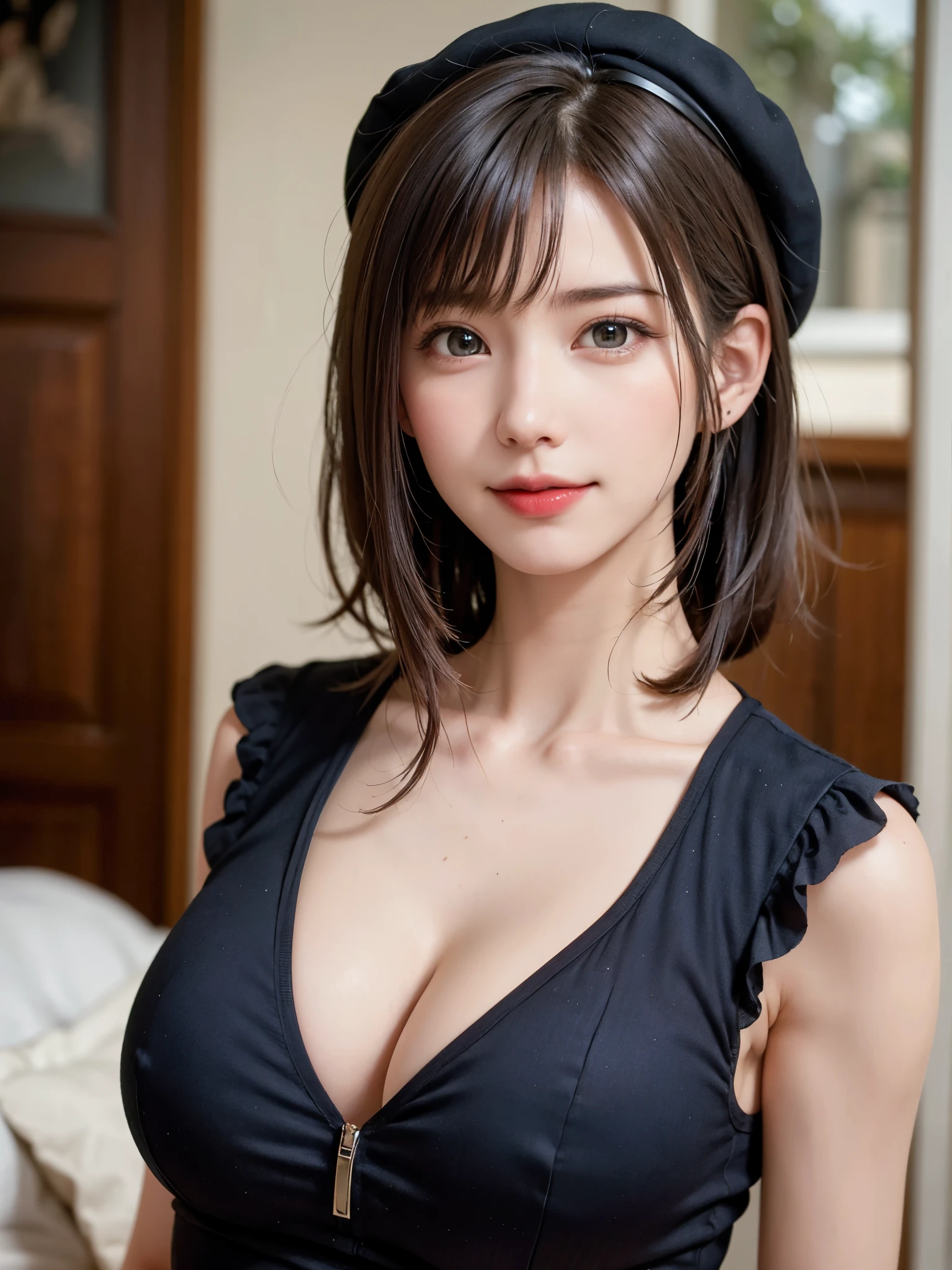 (masterpiece, highest quality),1 girl, solo, black haired, scarf, hat of, realistic, realistic, looking at the viewer, pale black eyes, brunette short bob hair, brown fur, winter clothes, White headscarf, lips, bangs, outdoors, closed mouth, upper body、Big eyes、Beautiful landscape of lassi sparkling snow))、(((bangsのある短いボブヘア、shiny hair、Big eyes、large full chest、intense eye highlights、look at the viewer、beautiful beauty、Please show your ears、long neck、smile a little、please close your mouth and smile、ideal body proportions)))、{huge|big|hugeな|mega} chest, cleavage