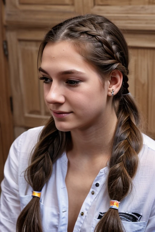 a 20 year old boy, soft face, long eyelashes, long hair in french braid, realistic, high definition,half body