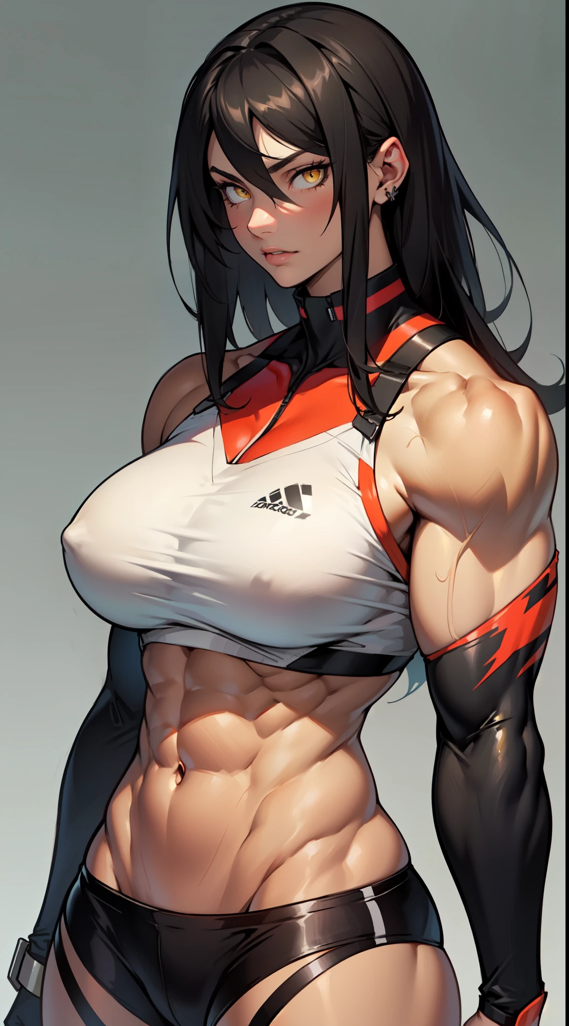 (((muscular girl toned body large breasts thick perfect anatomy))) yellow eyes black hair pale best quality