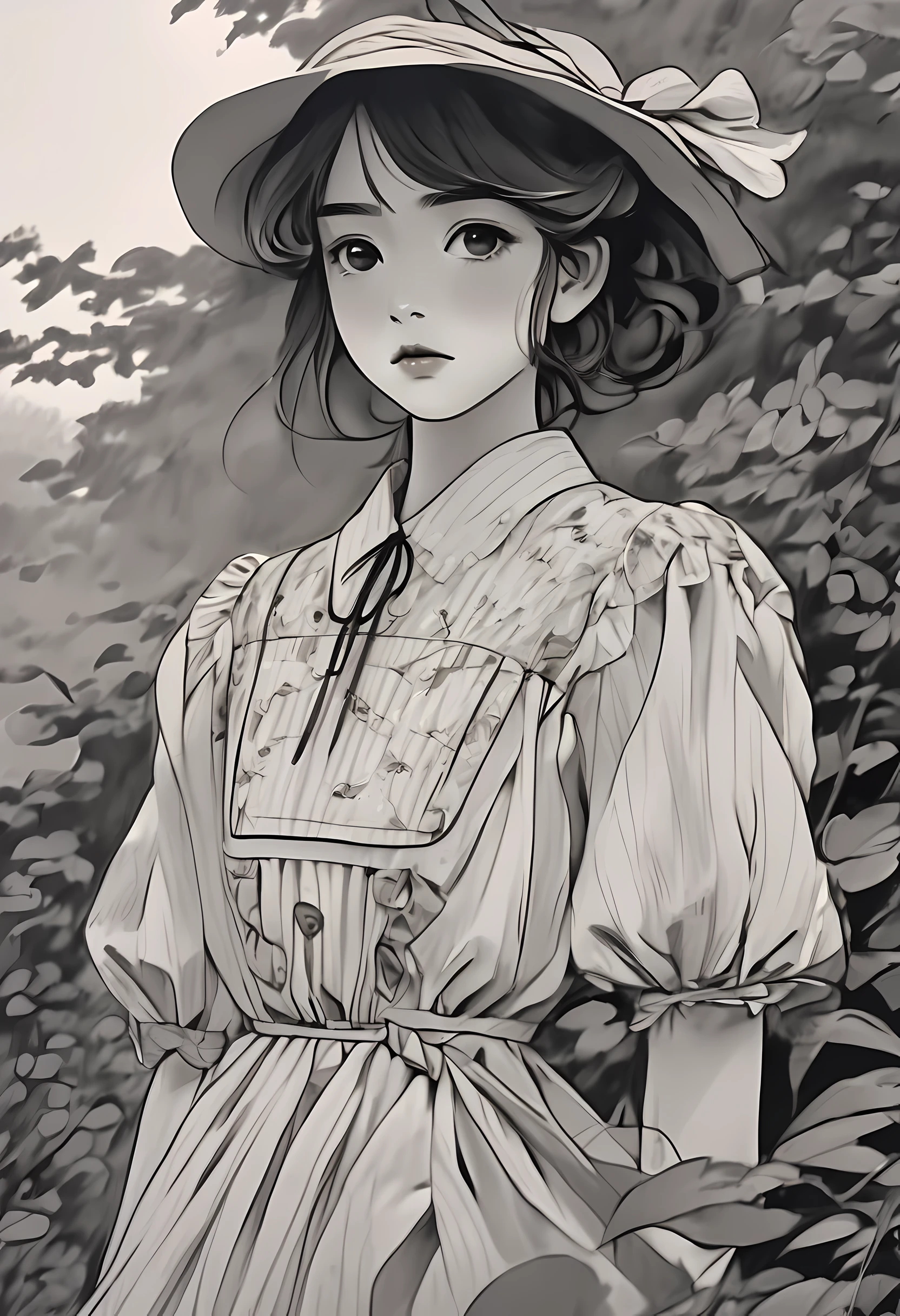 detailed rough drawn close up portrait of an anime girl wearing vintage in a village in rural america, overcast, cloudy, might rain, darker tones, drawn anime illustration, black and white color scheme for the dress, neo-american, painted in anime painter studio, anime style illustration, made with anime painter studio, in anime style, in an anime style, with short hair, anime style portrait, sitting in the garden, anime artstyle, clean detailed anime style, proportions proper,