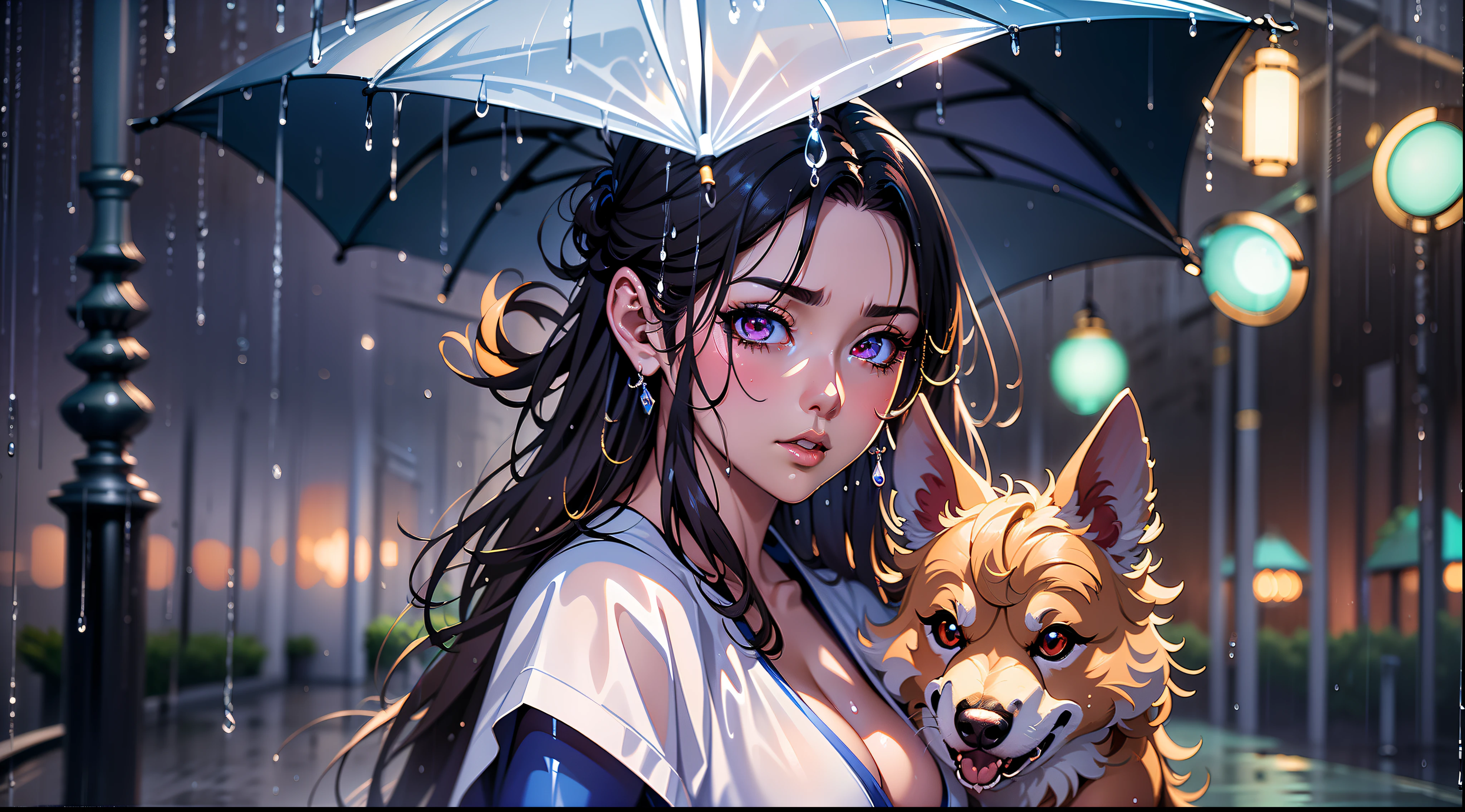 full body portrait of a photo realistic beautiful girl, 1 girl, facing forward, waifu, flowing hair, short modern rain protection clothing with an umbrella, big beautiful flirtateous open eyes, standing straight, cinematic lighting, relaxing raining weather environment setting, highly detailed, digital painting, trending on artstation, pixiv, concept art, sharp focus, illustration, art by ross tran and wlop, Glowing eyes, Best quality, good lighting, large breasts with cleavage, seductive face, Masterpiece, highres,sharp focus,(ultra detailed,extremely detailed),(photorealistic artwork:1.37),(extremely detailed CG unity 8k wallpaper),(((vibrant colors,vibrant theme))),(intricate),(masterpiece),(best quality), girl is playing with a cute small dog under the umbrella