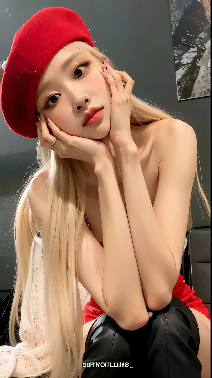 un primer plano de una mujer con un sombrero rojo y pantalones de cuero negro, parque roseanne de blackpink, Lalisa Manobal, Lalisa Manoban de Blackpink, Muchacha coreana, ava max, korean idol, 18 years, portrait of jossi de blackpink, jossi de blackpink, hasta el modelo | germen de arte, sha xi, buena chica joven