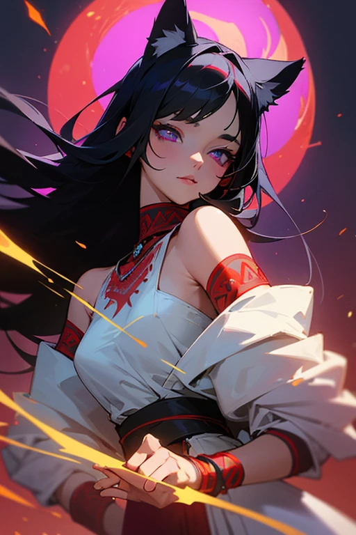 ultra-detailed, woman, cat ears, violet eyes, black hair, long hair, wears white clothes with red decorations, on her left arm she has no sleeves, on her left arm she has red tribal tattoos, she wears a gold bracelet on her left hand, on his right hand he wears a red bracelet, the cloth and a tree in autumn, face, ethereal lighting, mystical atmosphere, vibrant colors