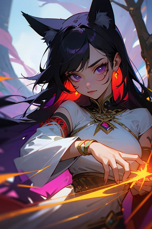 ultra-detailed, woman, cat ears, violet eyes, black hair, long hair, wears white clothes with red decorations, on her left arm she has no sleeves, on her left arm she has red tribal tattoos, she wears a gold bracelet on her left hand, on his right hand he wears a red bracelet, the cloth and a tree in autumn, face, ethereal lighting, mystical atmosphere, vibrant colors