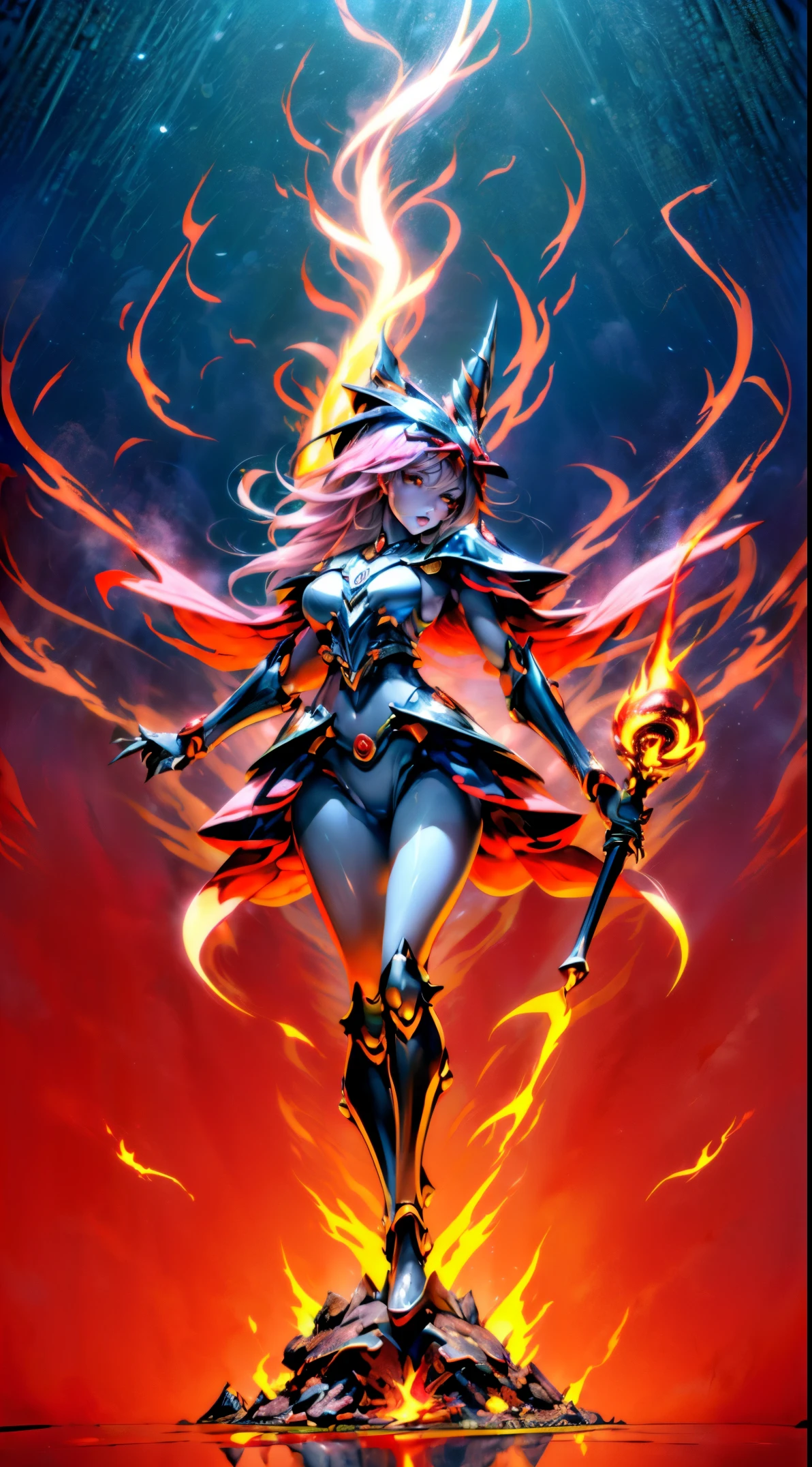 (Masutepiece,extremadamente detallado, Mechas pesadas, superficie dura),(Arte conceptual:1.1),(shielded core style:0.8), A woman in robo ninja armor is standing.,(cuerpo rojo:1.1),(patas largas:1.1),(Equipado con sable y cadena.:1.1),(Un ojo detallado:1.3),(Una cara detallada:1.3),(Armas detalladas:1.3),(Cuerpo detallado:1.3),((cuerpo completosbian:1.5)),(The background is a crimson flame.:1.5),realista