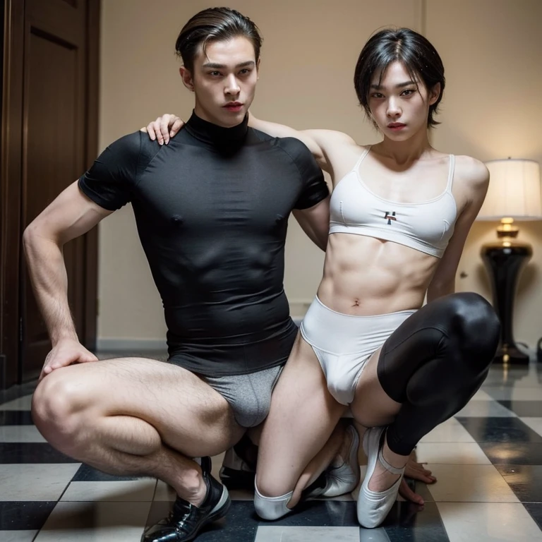 (masterpiece, 2 androgynous males, human chess, checkmate, black pawn kills white king, male ballet tights, male crotch bulge, buttocks)