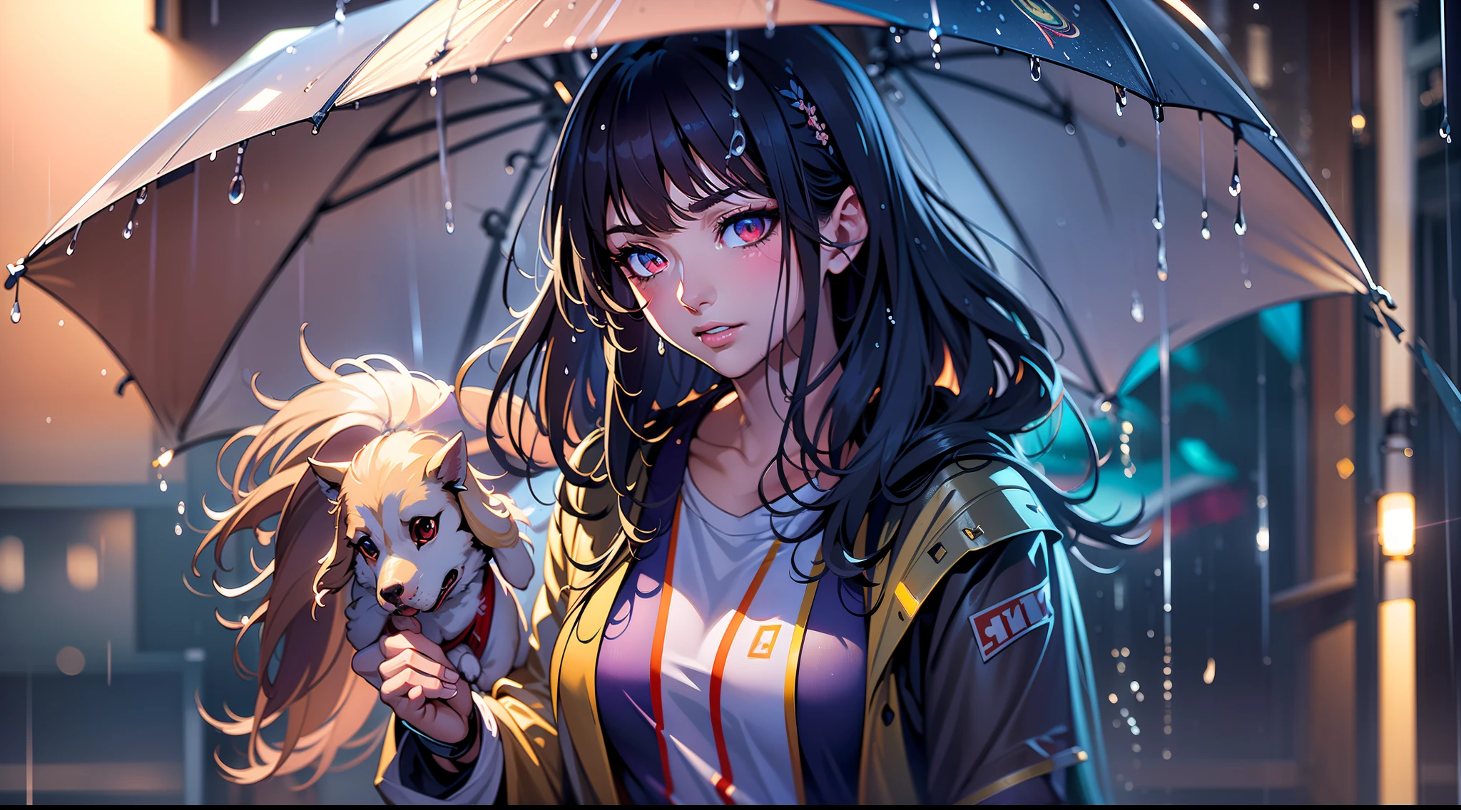 full body portrait of a photo realistic beautiful girl, 1 girl, facing forward, waifu, flowing hair, short modern rain protection clothing with an umbrella, big beautiful flirtateous open eyes, standing straight, cinematic lighting, relaxing raining weather environment setting, highly detailed, digital painting, trending on artstation, pixiv, concept art, sharp focus, illustration, art by ross tran and wlop, Glowing eyes, Best quality, good lighting, large breasts with cleavage, seductive face, Masterpiece, highres,sharp focus,(ultra detailed,extremely detailed),(photorealistic artwork:1.37),(extremely detailed CG unity 8k wallpaper),(((vibrant colors,vibrant theme))),(intricate),(masterpiece),(best quality), girl is playing with a cute small dog under the umbrella