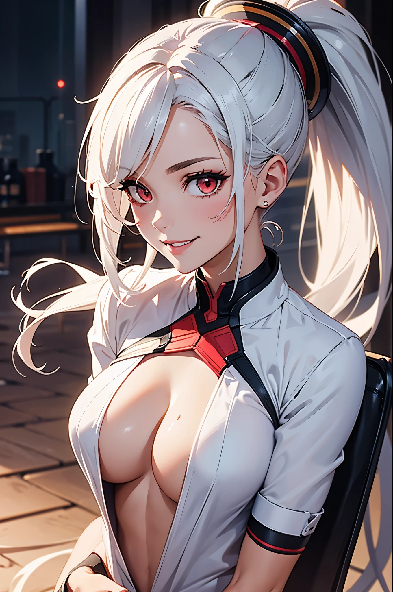 woman beautiful face with white hair, red eyes, ponytail. big chest, cute smiling at the camera