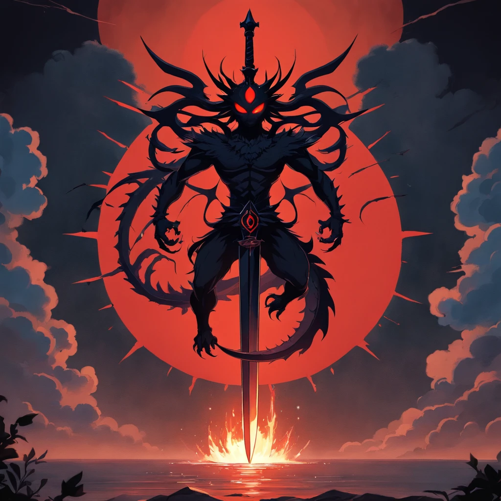 sigil, looks like a black sun, enshrouded by a red dragon, impaled by a sword of darkness