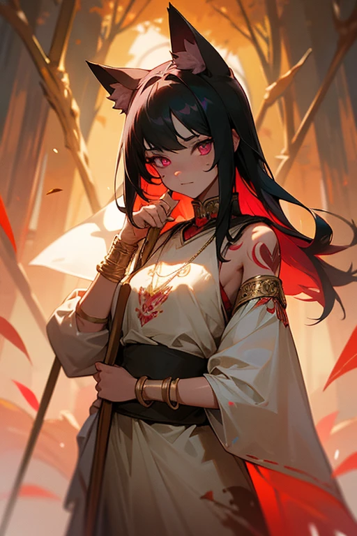 ultra-detailed, woman, cat ears, pink eyes, black hair, long hair, wears white clothes with red adornments, on her left arm she has no sleeves, on her left arm she has red tribal tattoos, wears a gold bracelet on her left hand, on his right hand he wears a red bracelet, holding in his hand a golden staff with red decorations, the cloth and a tree in autumn, face, ethereal lighting, mystical atmosphere, vibrant colors
